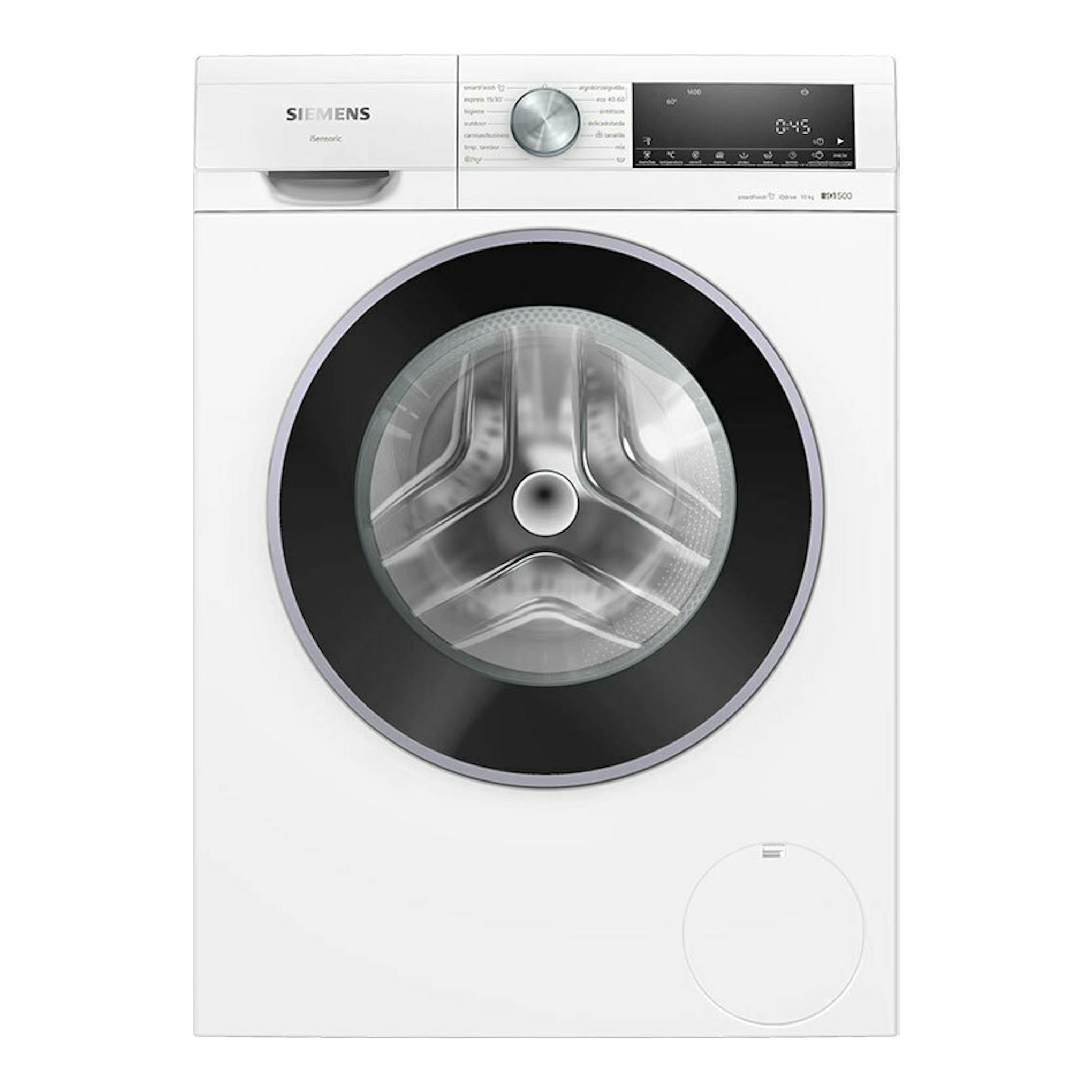 Lavadora frontal Siemens WG54G2Z1ES blanca, vista frontal, con puerta negra circular y panel de control superior.