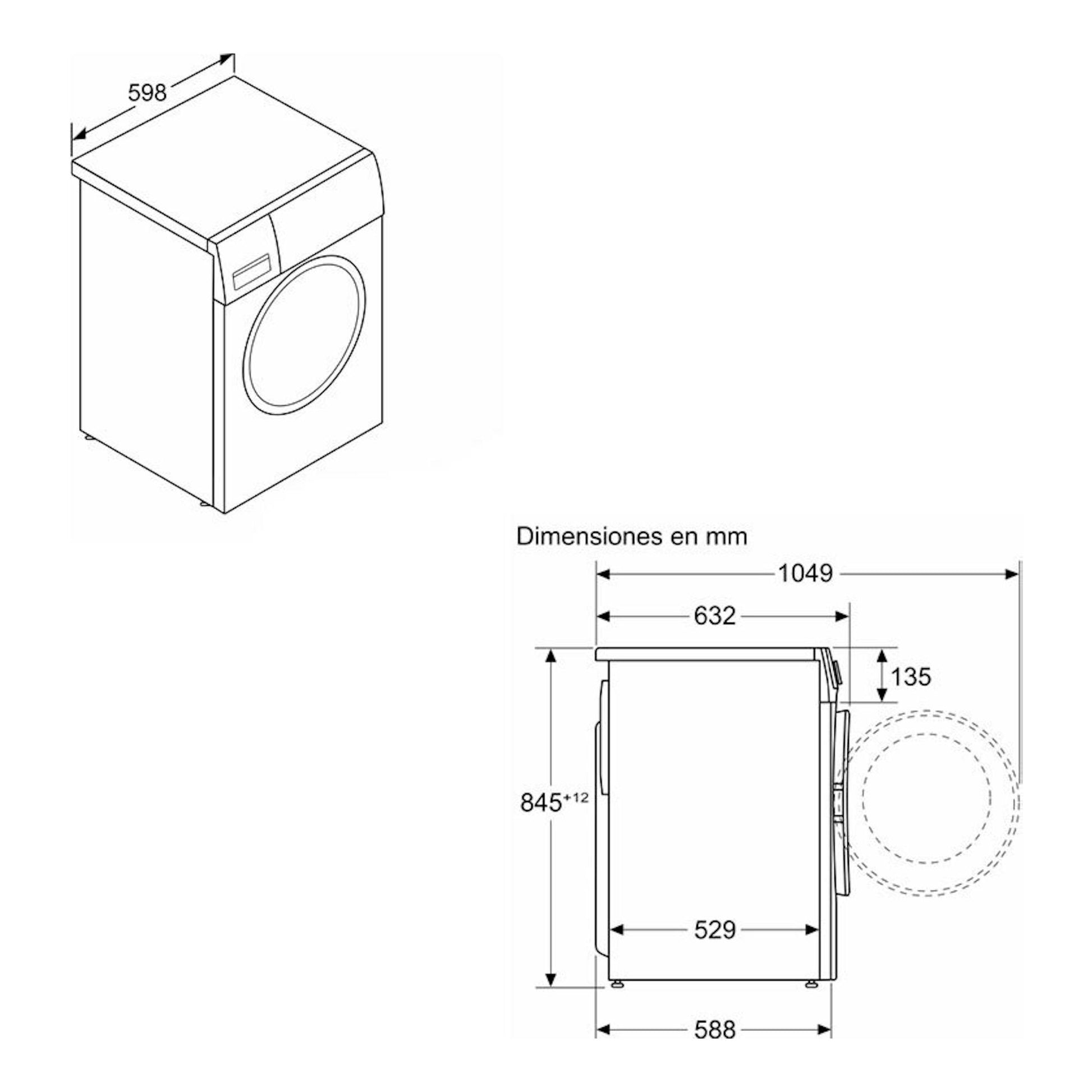 Lavadora Siemens WG54G2Z1ES, dibujo técnico en vista frontal y lateral con dimensiones en mm.