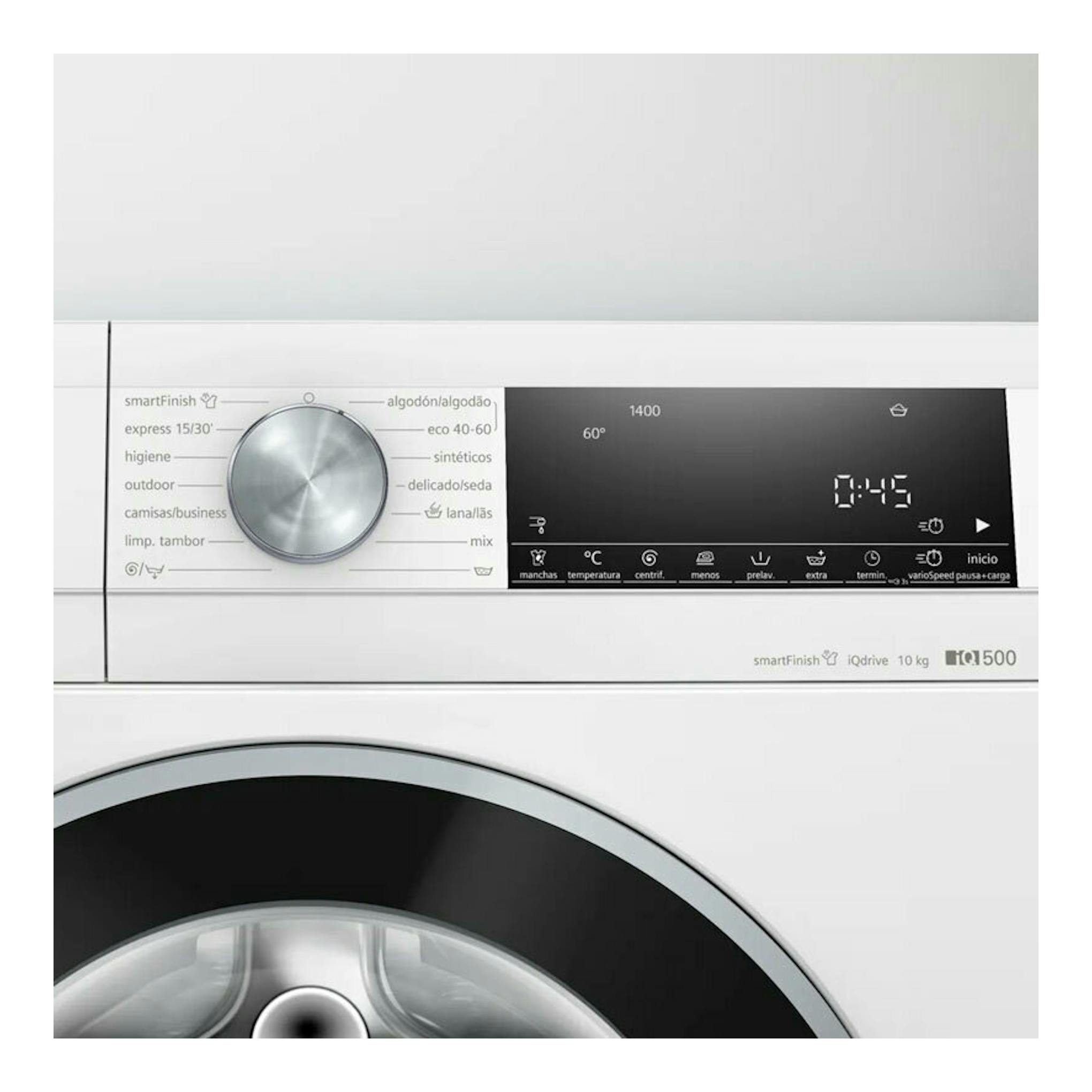 Lavadora Siemens WG54G2Z1ES 10 kg blanca, vista frontal parcial con panel negro y puerta circular.