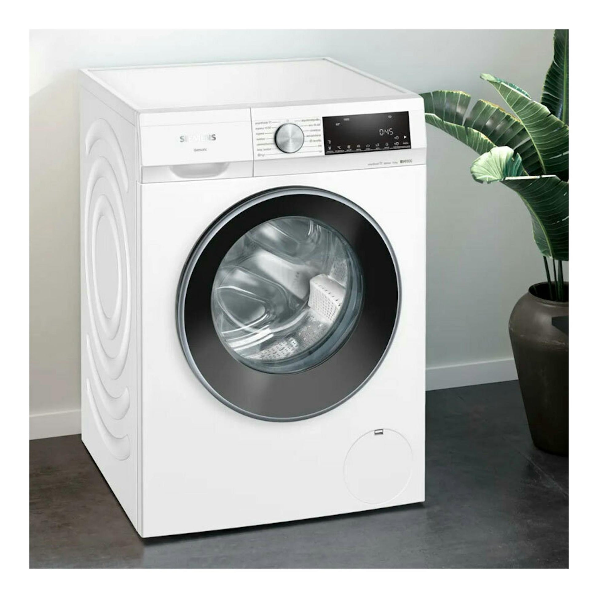 Lavadora Siemens WG54G2Z1ES blanca, vista frontal, con puerta circular negra y panel de control superior.
