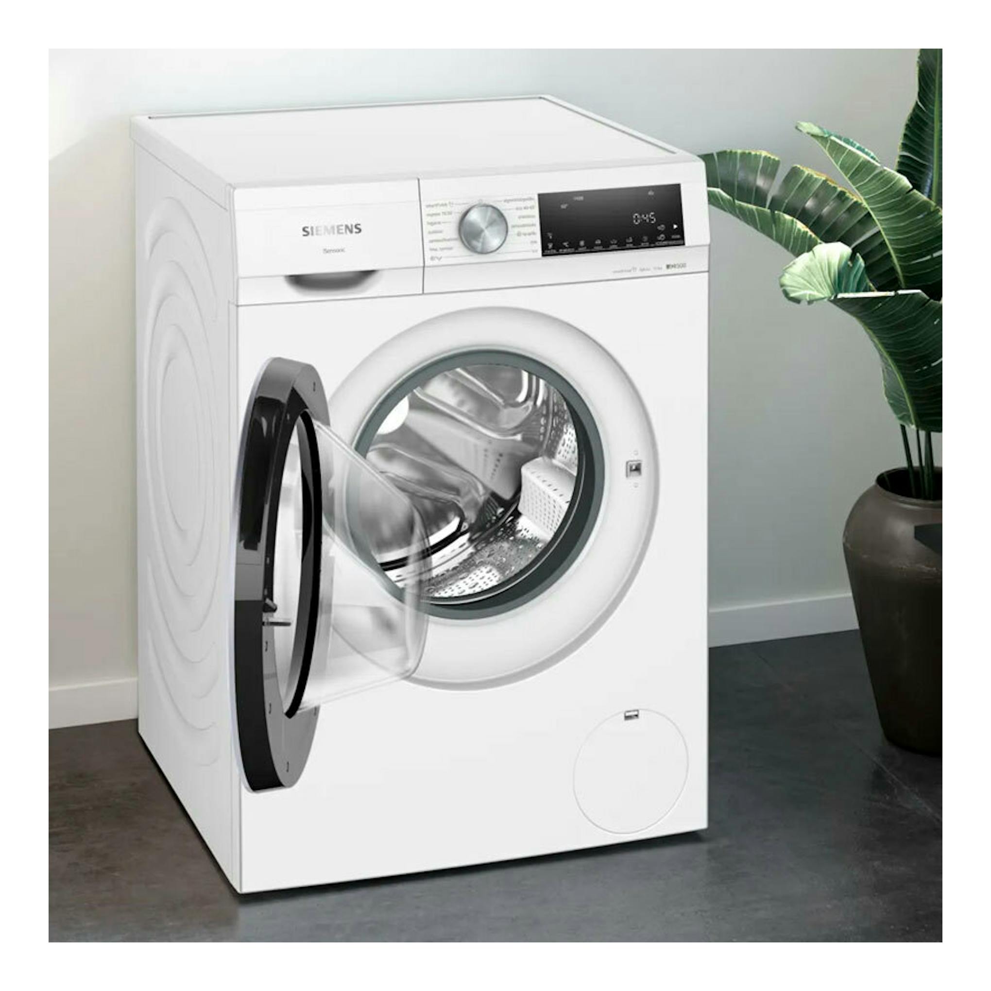 Lavadora Siemens WG54G2Z1ES blanca, vista frontal, con puerta abatible abierta y panel digital superior.