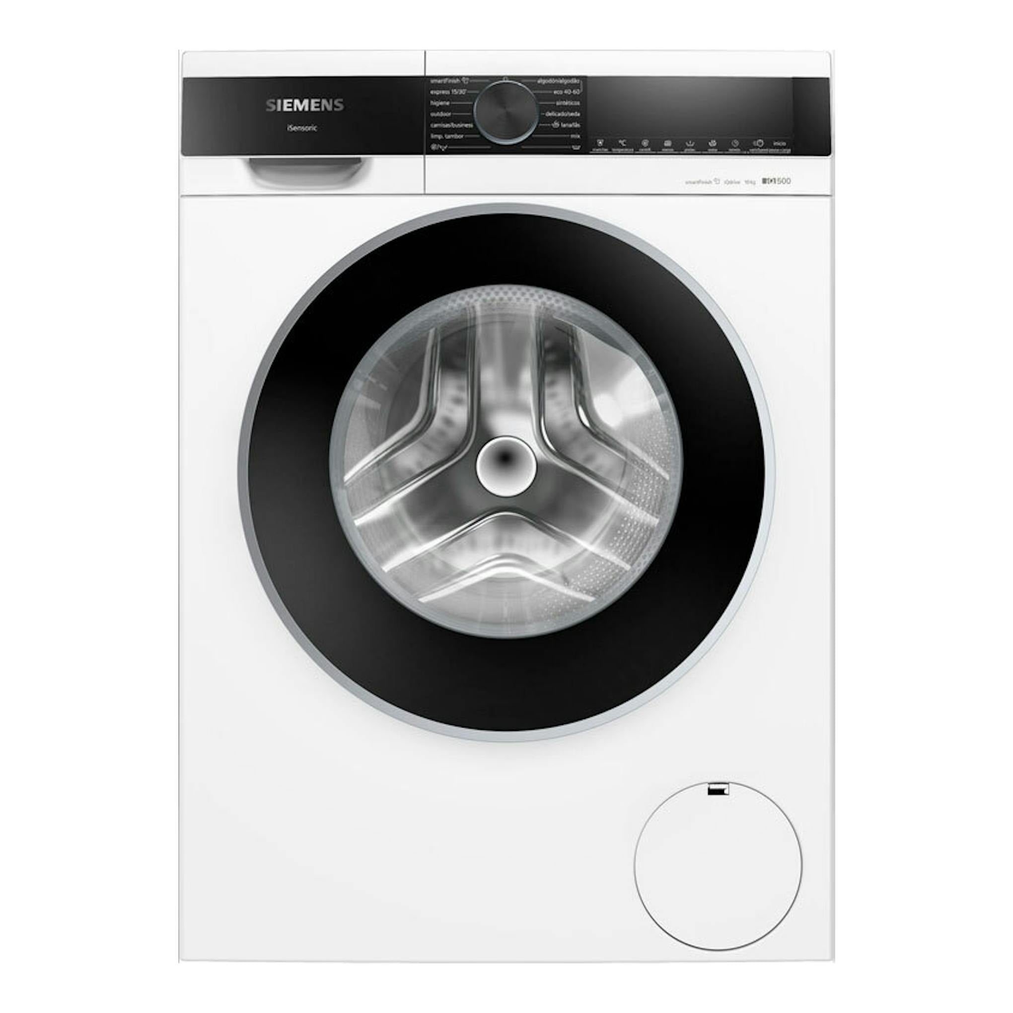Lavadora Siemens WG56G2Z1ES blanca, vista frontal, con puerta circular negra y panel de control superior.