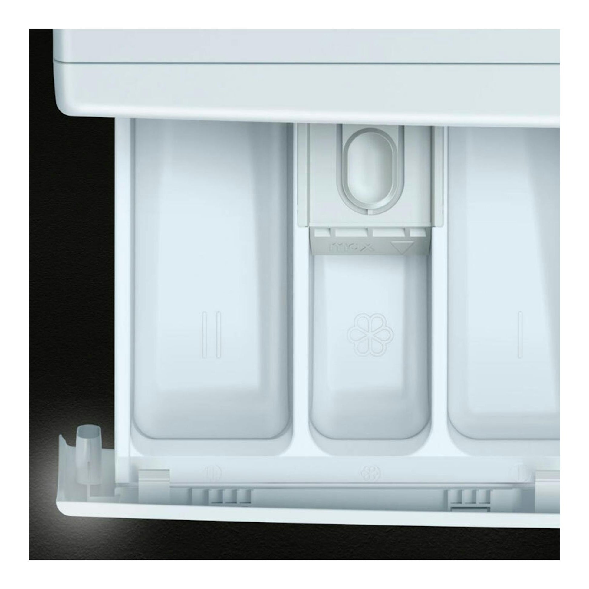 Siemens WG56G2Z1ES: primer plano del cajetín de detergente blanco con tres compartimentos.