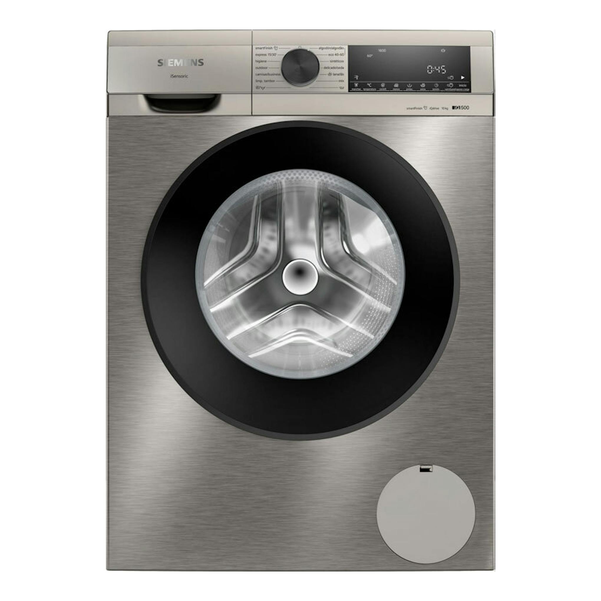 Lavadora Siemens WG56G2ZAES de carga frontal, color inox, vista frontal con puerta circular negra.