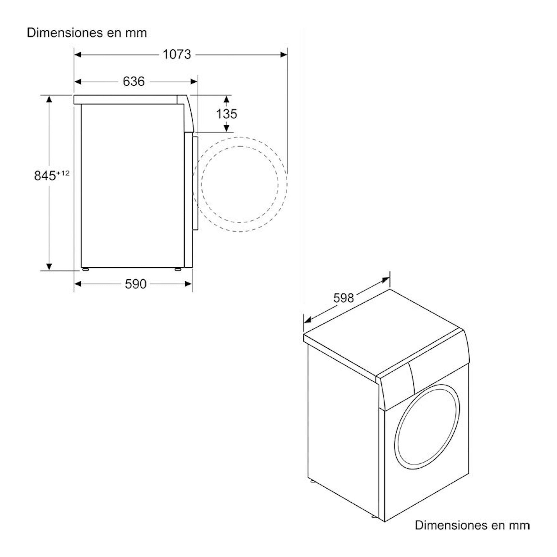 Diagrama técnico en blanco y negro de lavadora Siemens WG56G2ZAES, vista frontal y perspectiva, con medidas en mm.