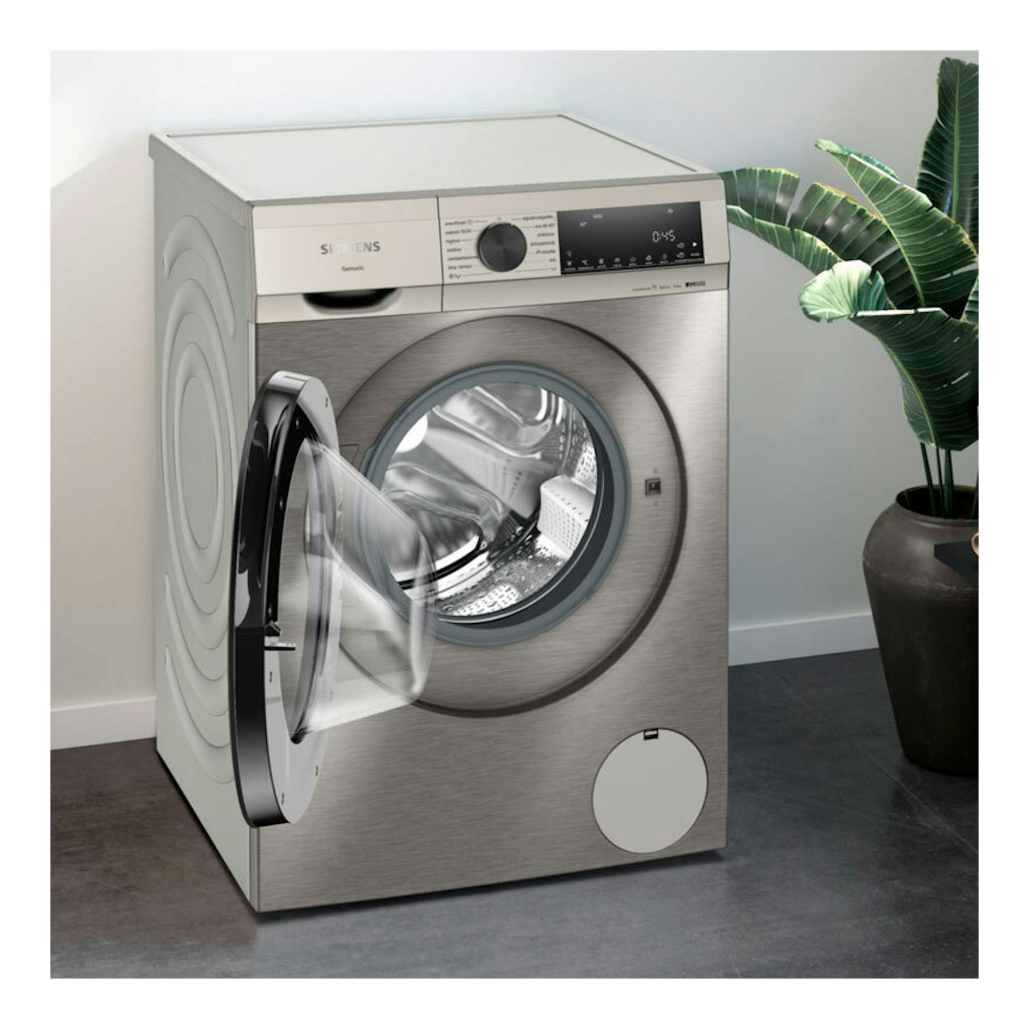 Lavadora Siemens WG56G2ZAES de carga frontal, color inox, vista frontal con la puerta abierta.