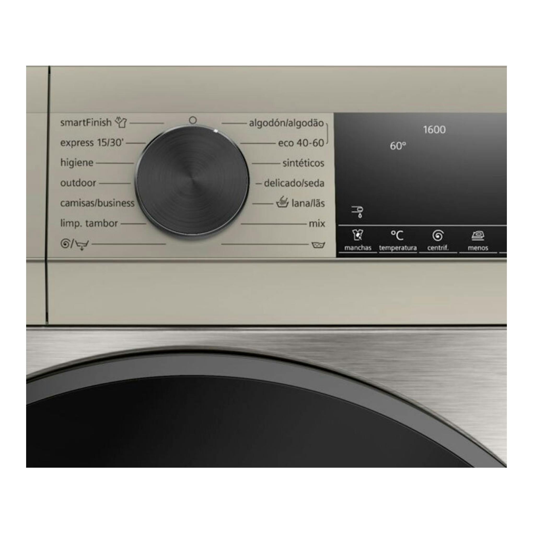 Lavadora Siemens WG56G2ZAES, panel frontal beige con selector negro y pantalla digital negra.