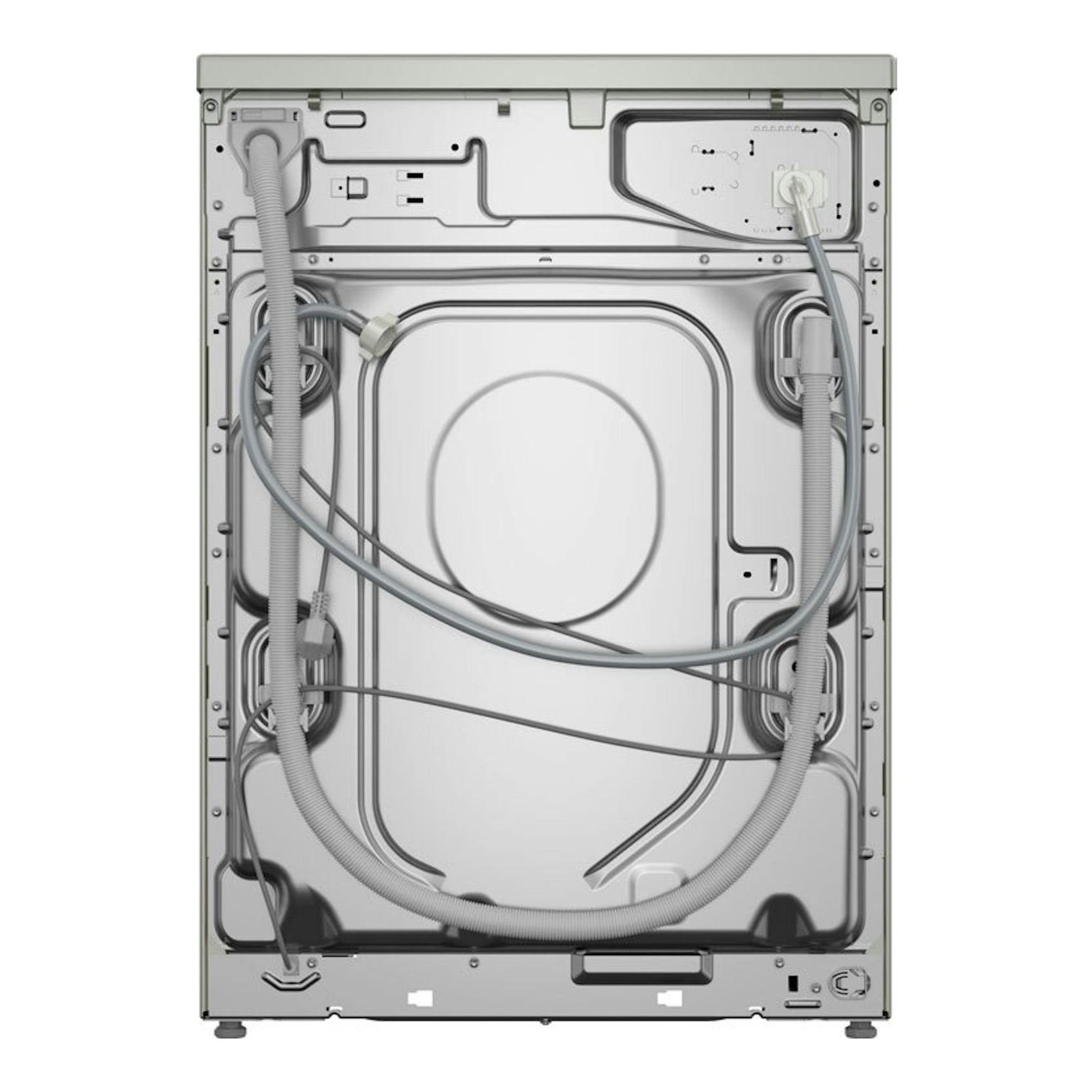 Lavadora Siemens WG56G2ZAES blanca, vista trasera con mangueras y panel posterior.