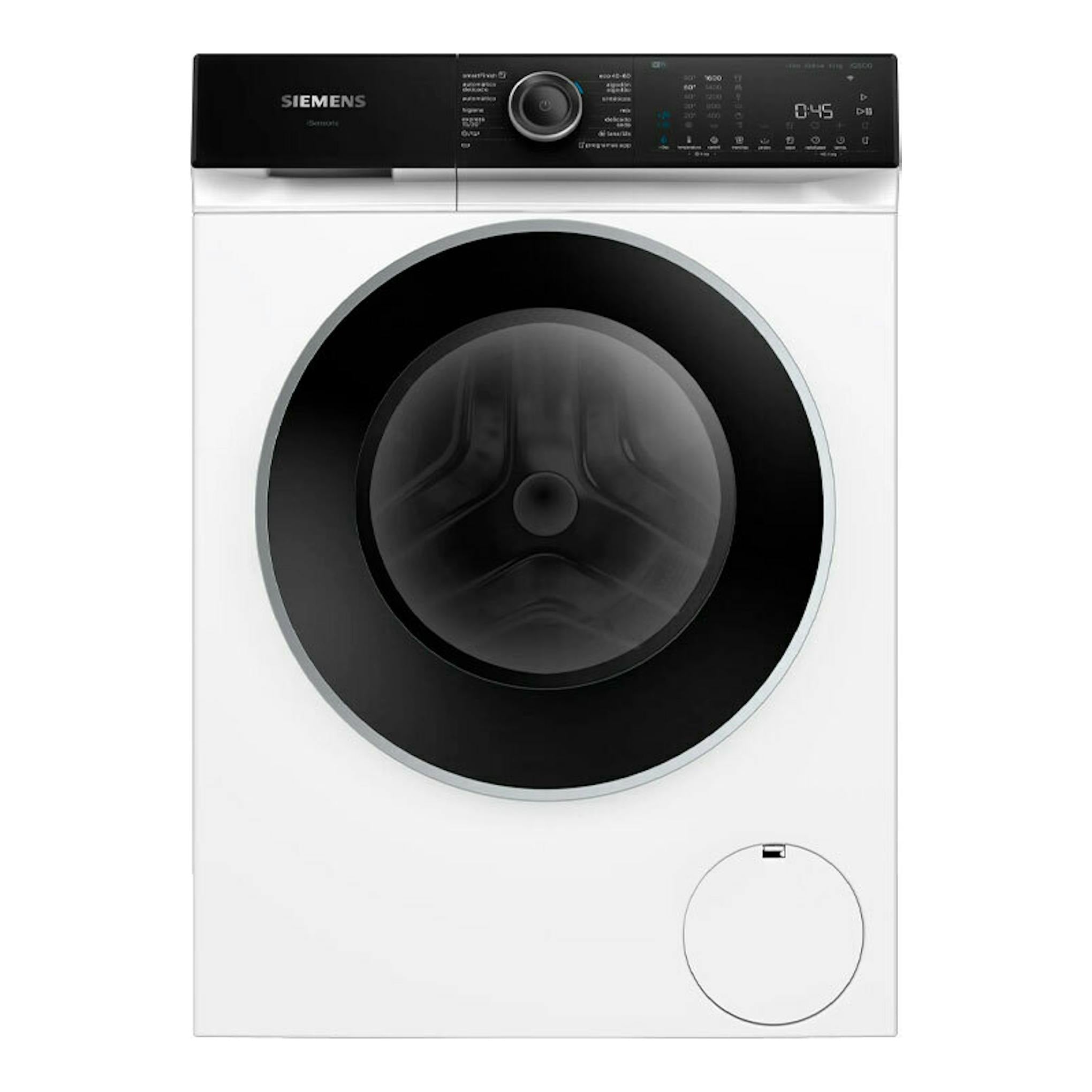Lavadora frontal Siemens WG56H2A0ES blanca, vista frontal, con puerta negra circular y panel de control superior.
