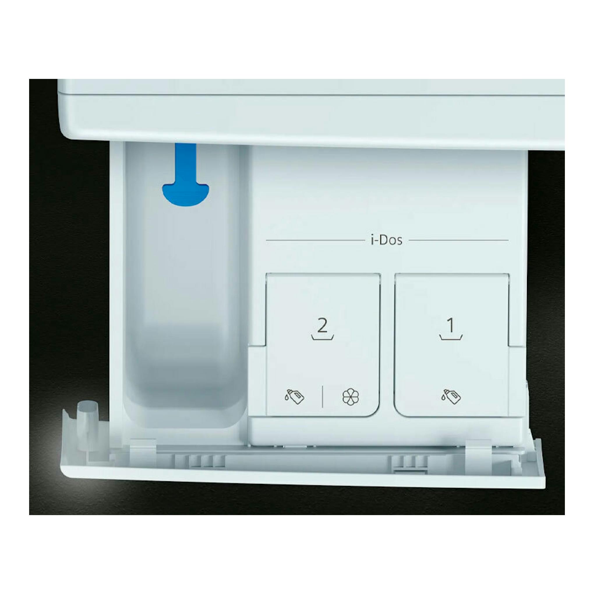 Detalle frontal del compartimento i-Dos de una lavadora Siemens WG56H2A0ES, en blanco.
