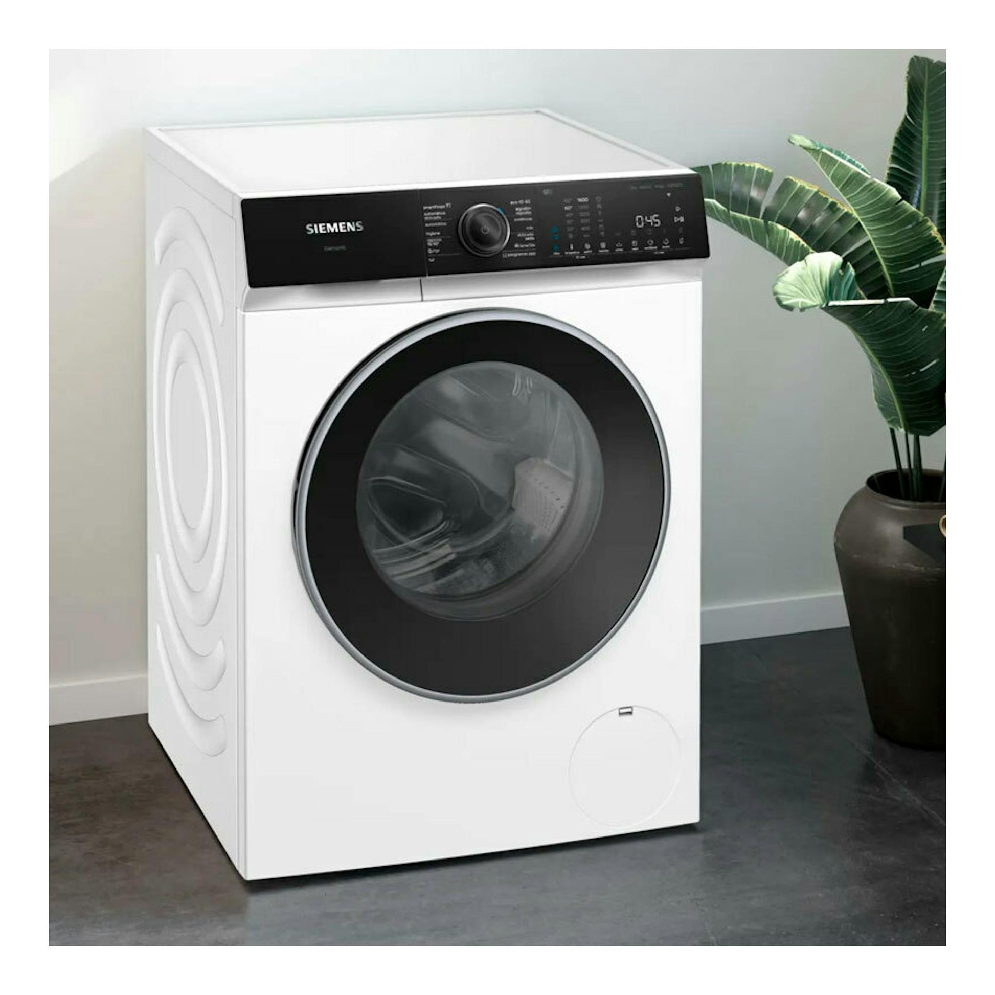 Lavadora Siemens de carga frontal, blanca, vista en tres cuartos, con puerta negra y panel superior digital.