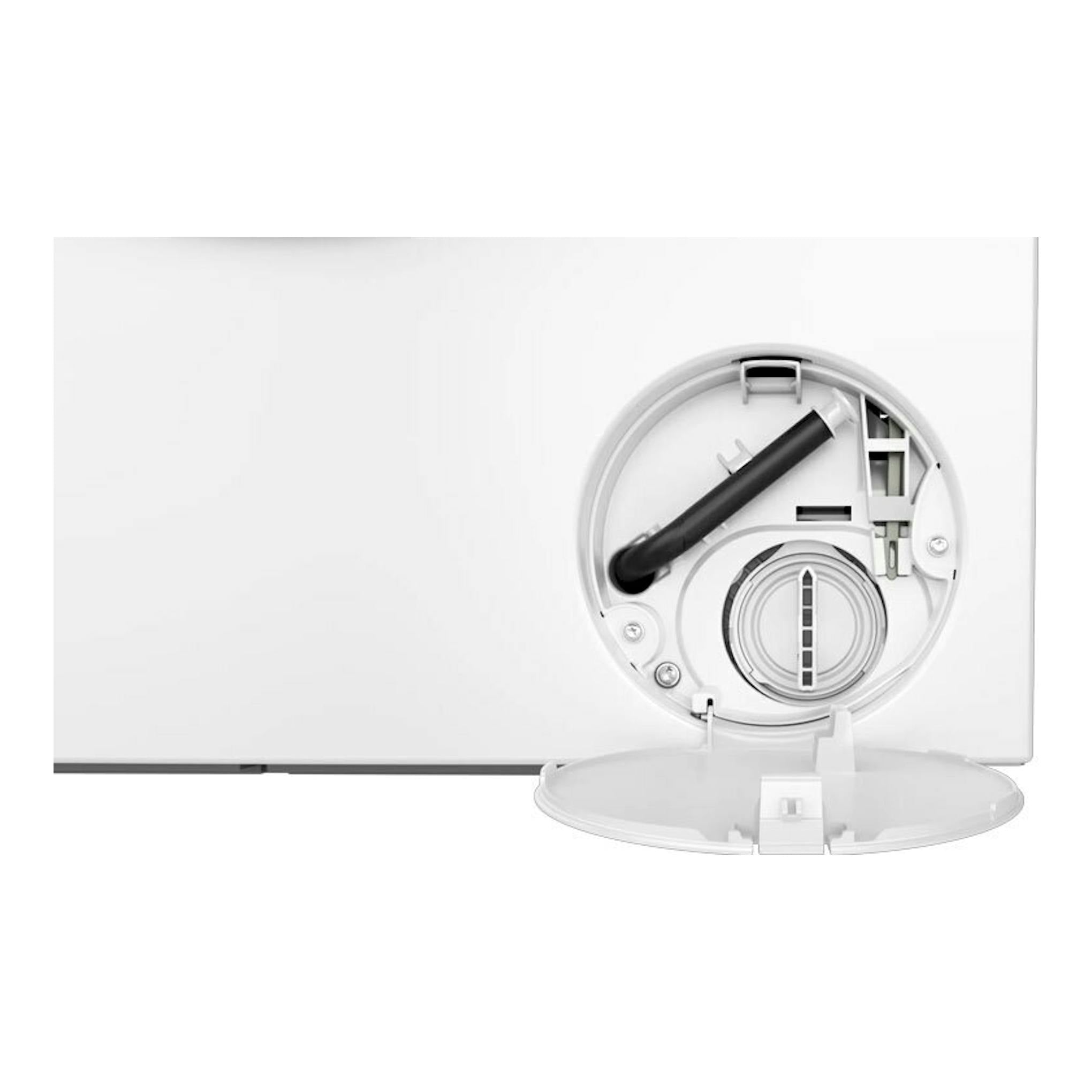 Lavadora Siemens WG56H2A0ES blanca, vista frontal parcial, con tapa inferior abierta y filtro visible.