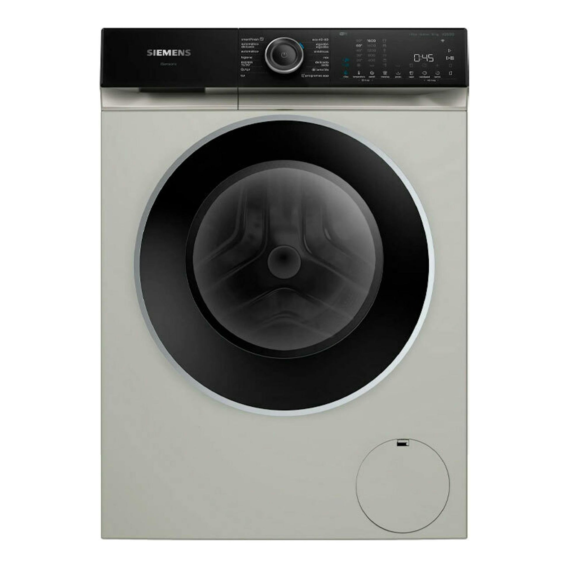 Lavadora Siemens WG56H2AXES, vista frontal, color plateado, con puerta negra y panel digital superior.