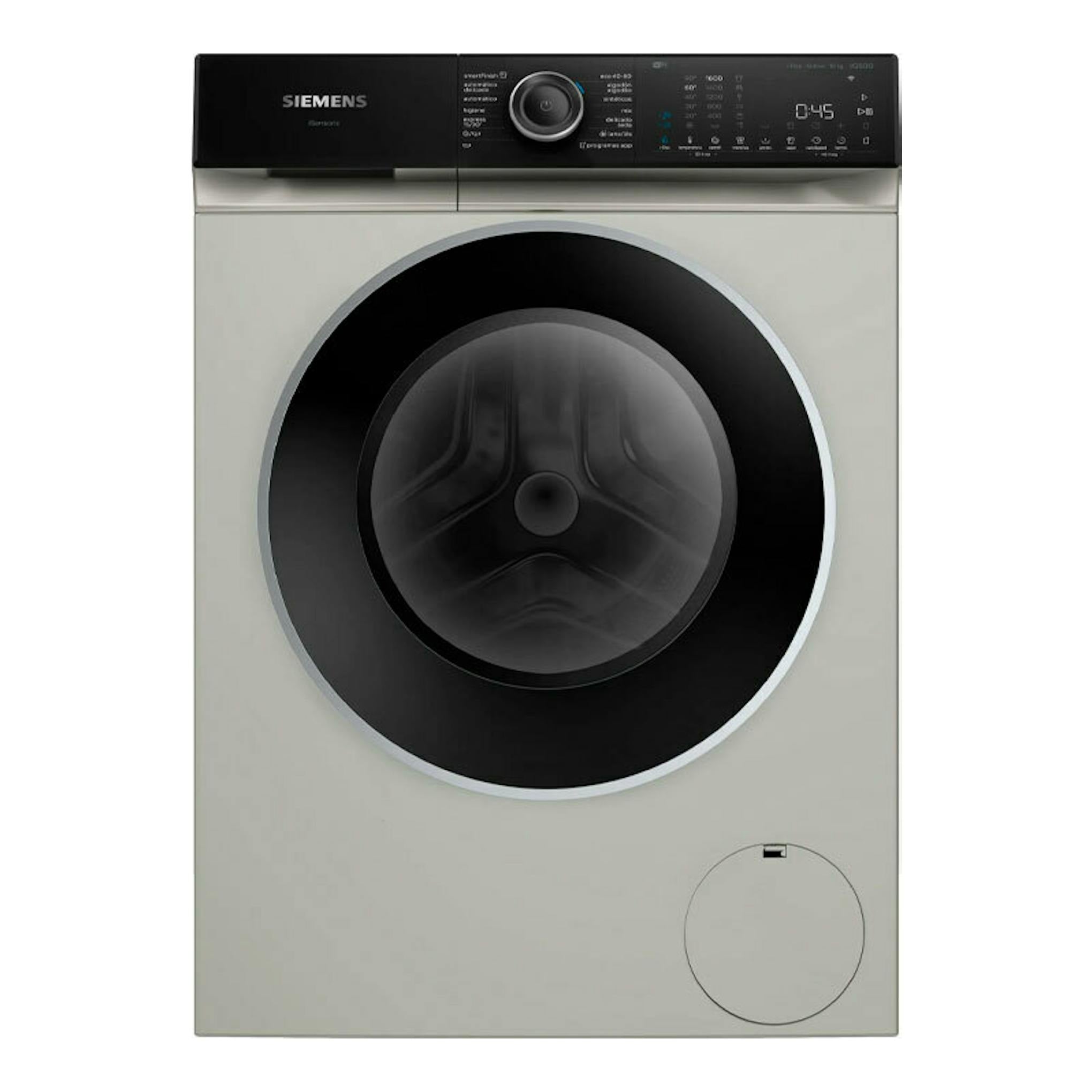 Lavadora Siemens WG56H2AXES, vista frontal, color plateado, con puerta negra y panel digital superior.