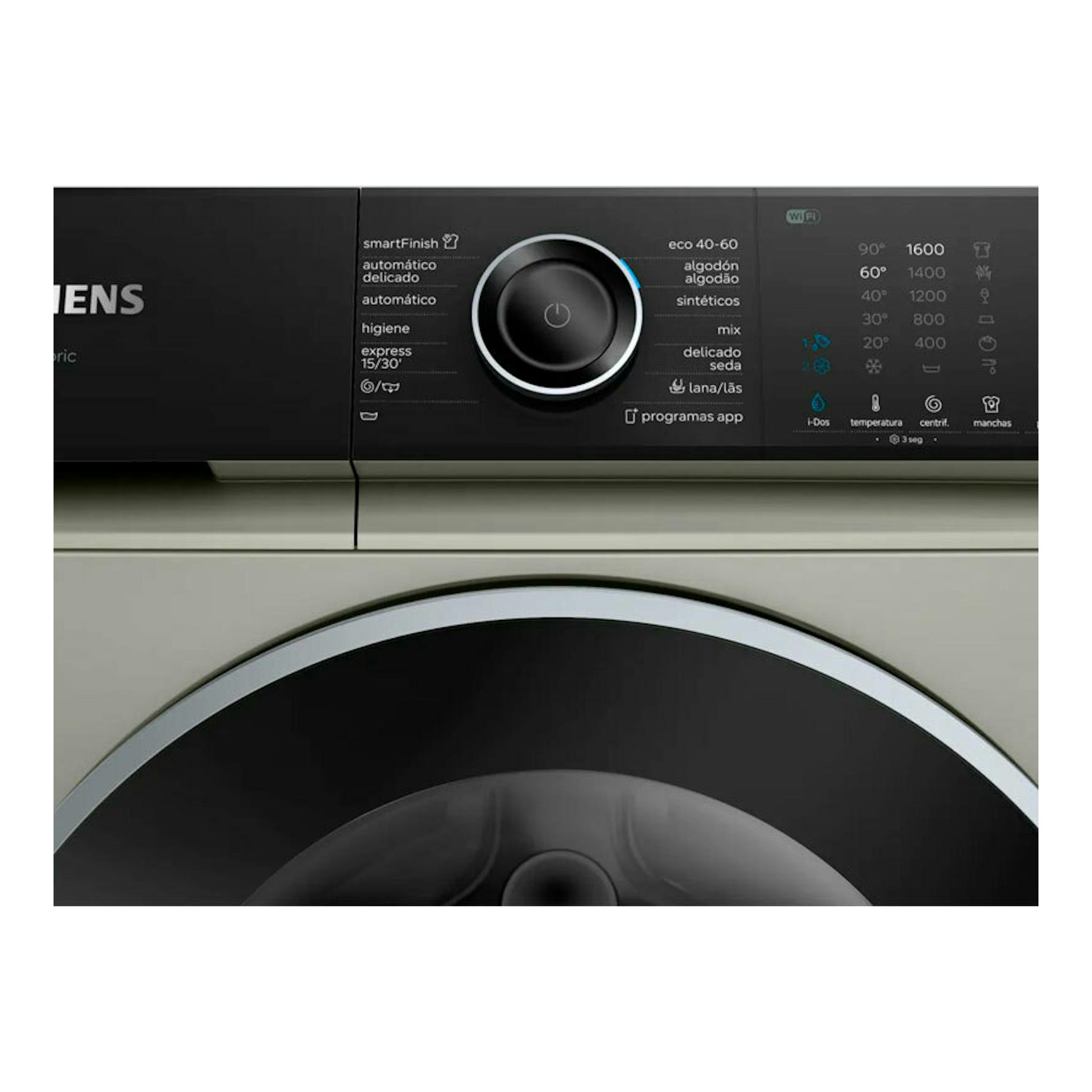 Lavadora Siemens WG56H2AXES negra, vista frontal parcial del panel de control y la puerta.