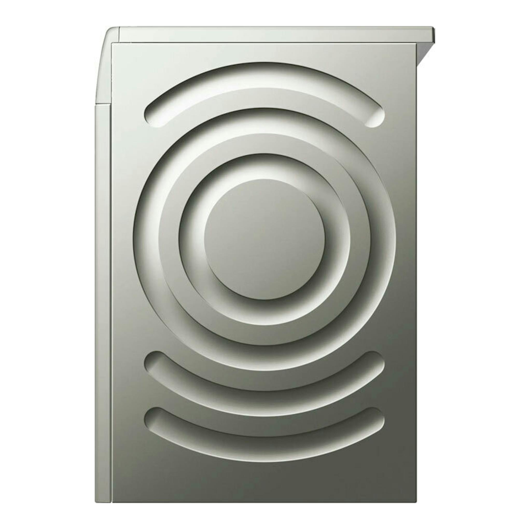 Lavadora Siemens WG56H2AXES, color plata, vista frontal con diseño circular.