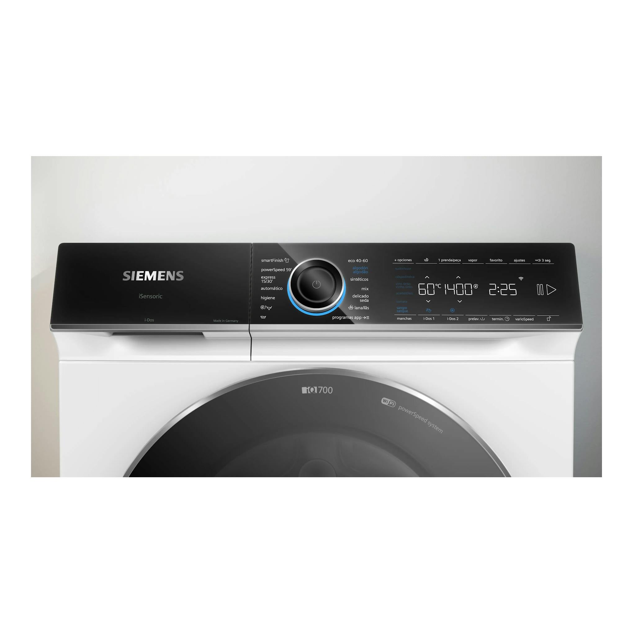 Lavadora Siemens WG66B2A1ES, vista frontal, panel negro con selector central y cuerpo blanco.