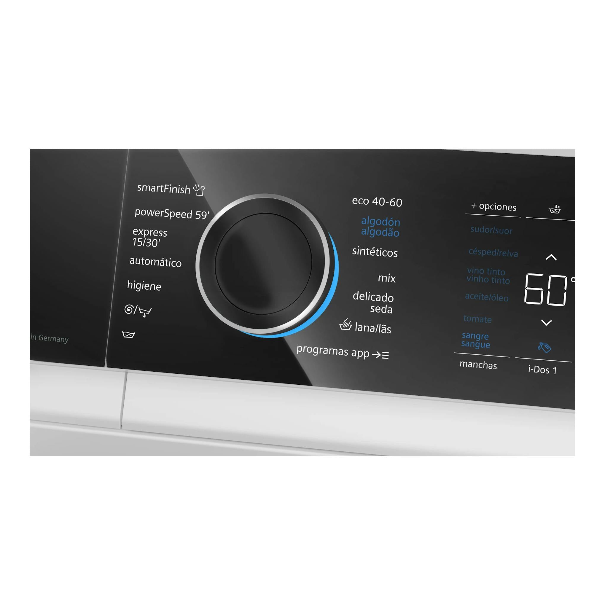 Primer plano del panel frontal de lavadora Siemens WG66B2A1ES negra, con selector central y display a 60°.