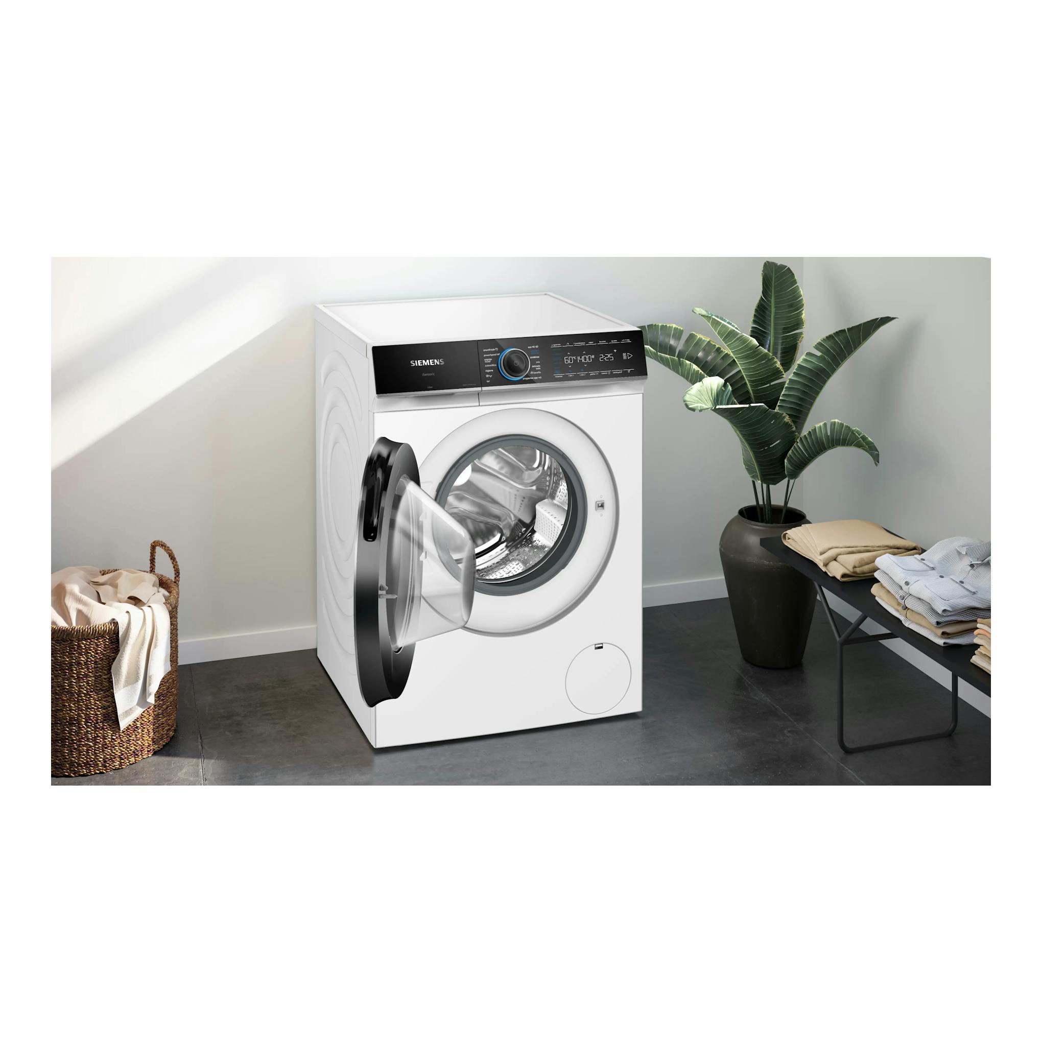 Lavadora Siemens WG66B2A1ES blanca, frontal, con puerta abierta y panel negro, vista en ángulo.
