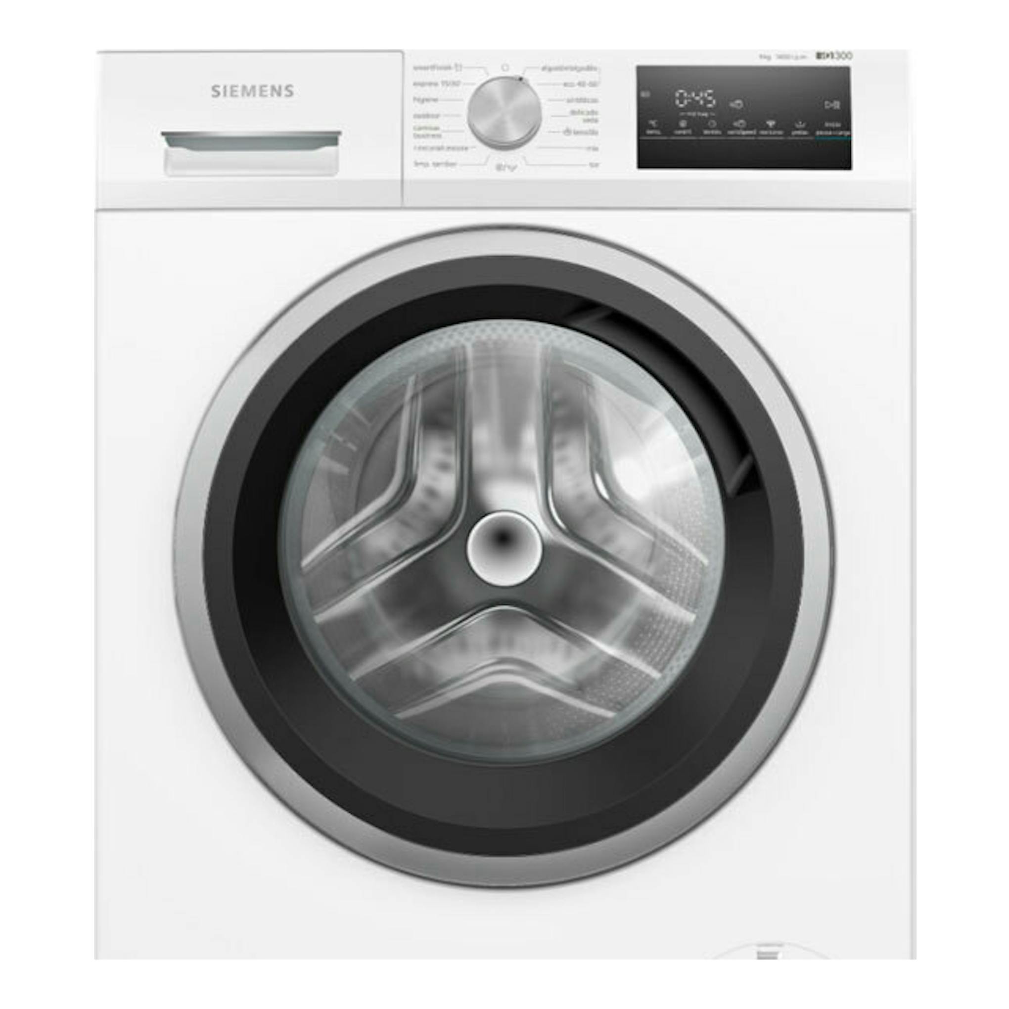Lavadora frontal Siemens WM14N290EP blanca, vista frontal, con puerta circular y panel digital.