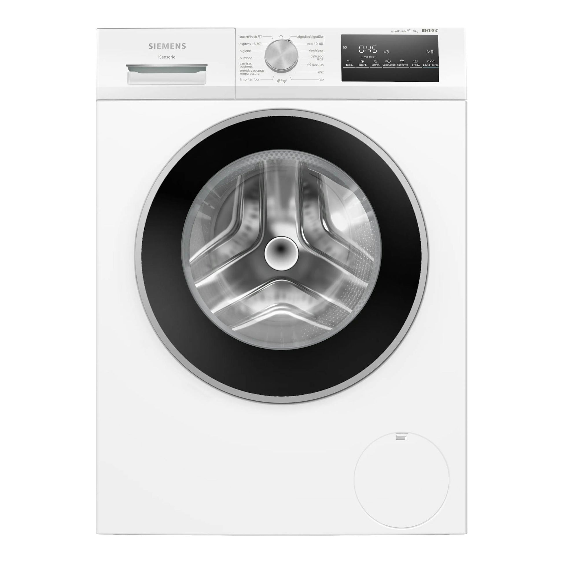 Lavadora Siemens WM14N292EP blanca, vista frontal, con puerta circular negra y panel de control superior.