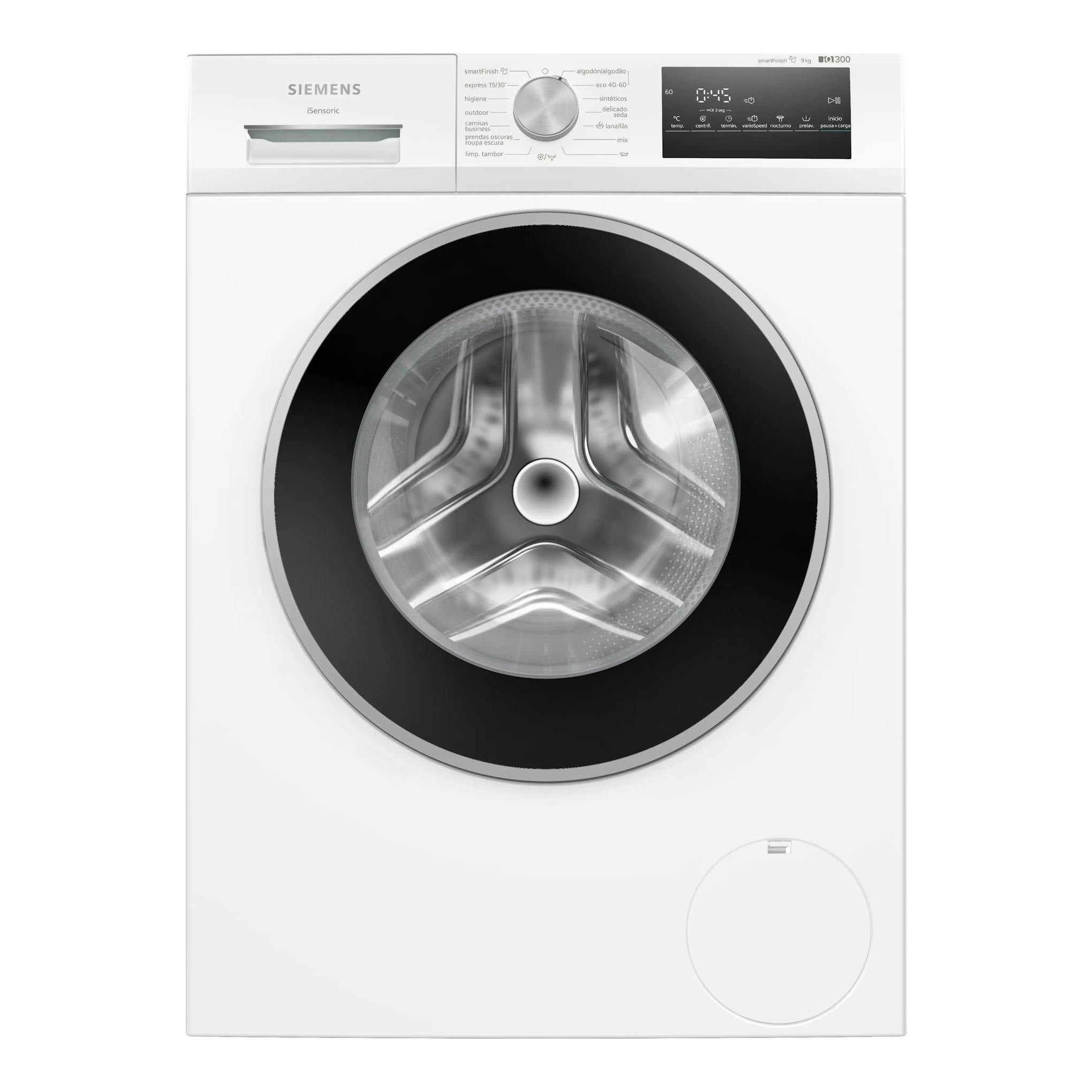 Lavadora Siemens WM14N292EP blanca, vista frontal, con puerta circular negra y panel de control superior.