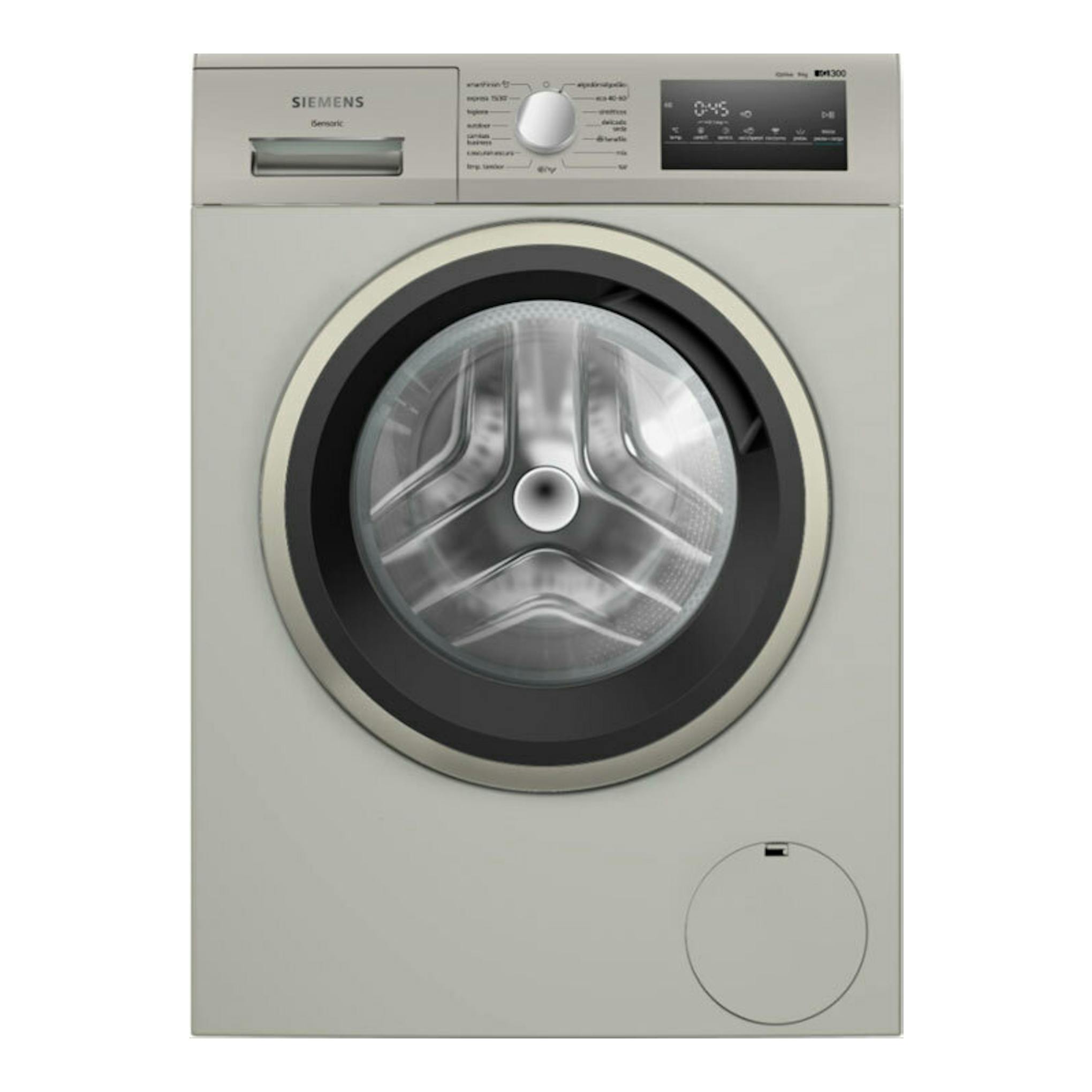 Lavadora Siemens WM14N29XEP frontal, gris claro, con puerta circular y panel digital superior.