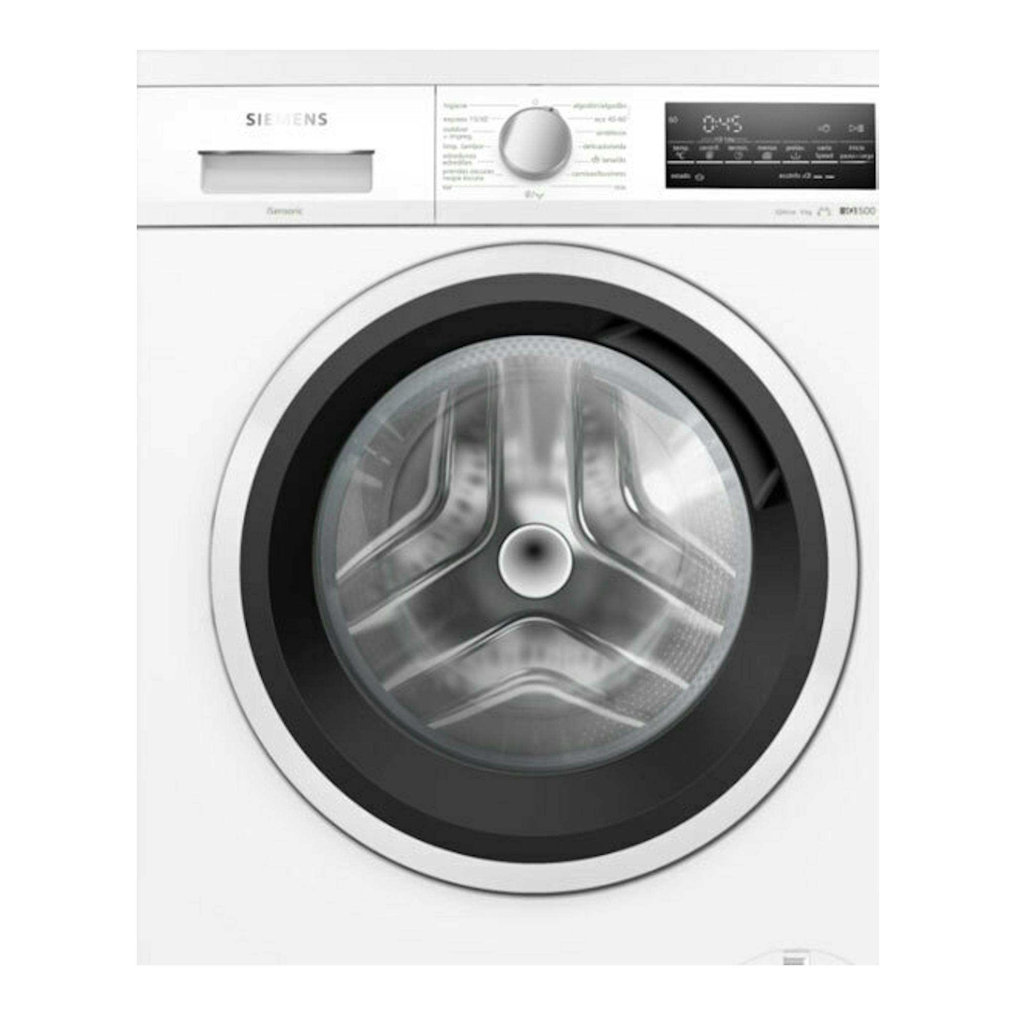 Lavadora frontal Siemens WU14UT62ES blanca, vista frontal, con puerta circular y panel digital negro.
