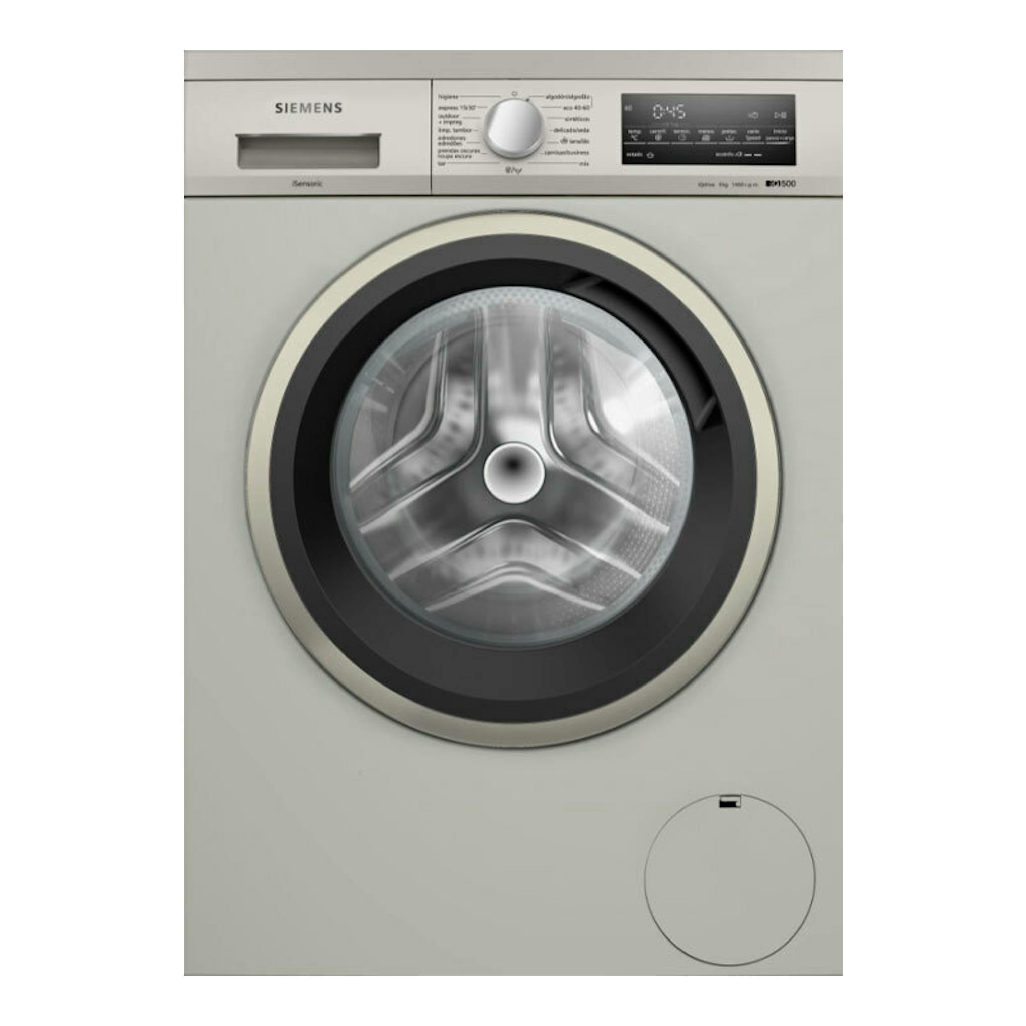 Lavadora frontal Siemens WU14UT6KES, color blanco/plata, vista frontal con puerta circular y panel digital.