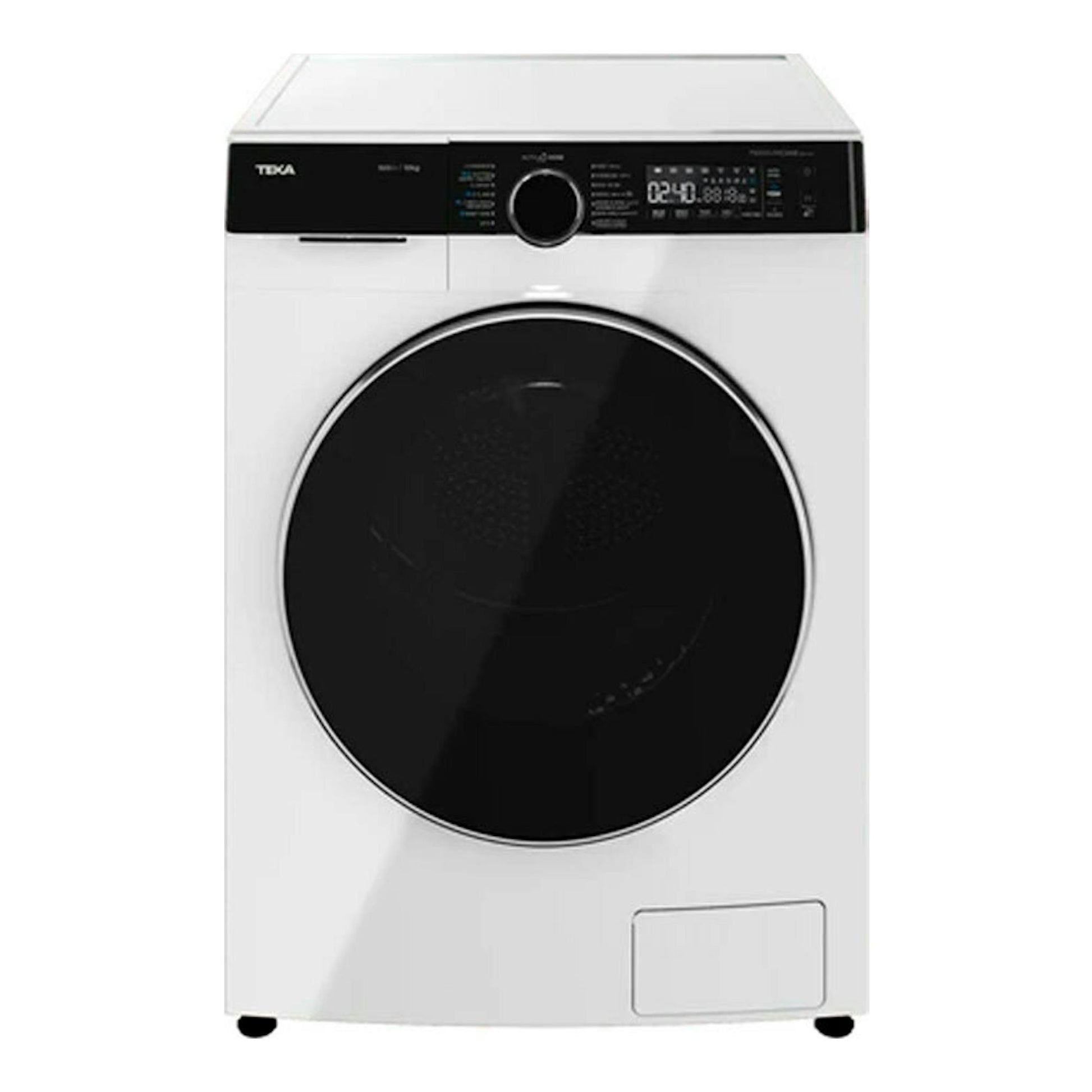 Lavadora Teka WMK 81050 blanca, vista frontal, con puerta circular negra y panel de control superior.
