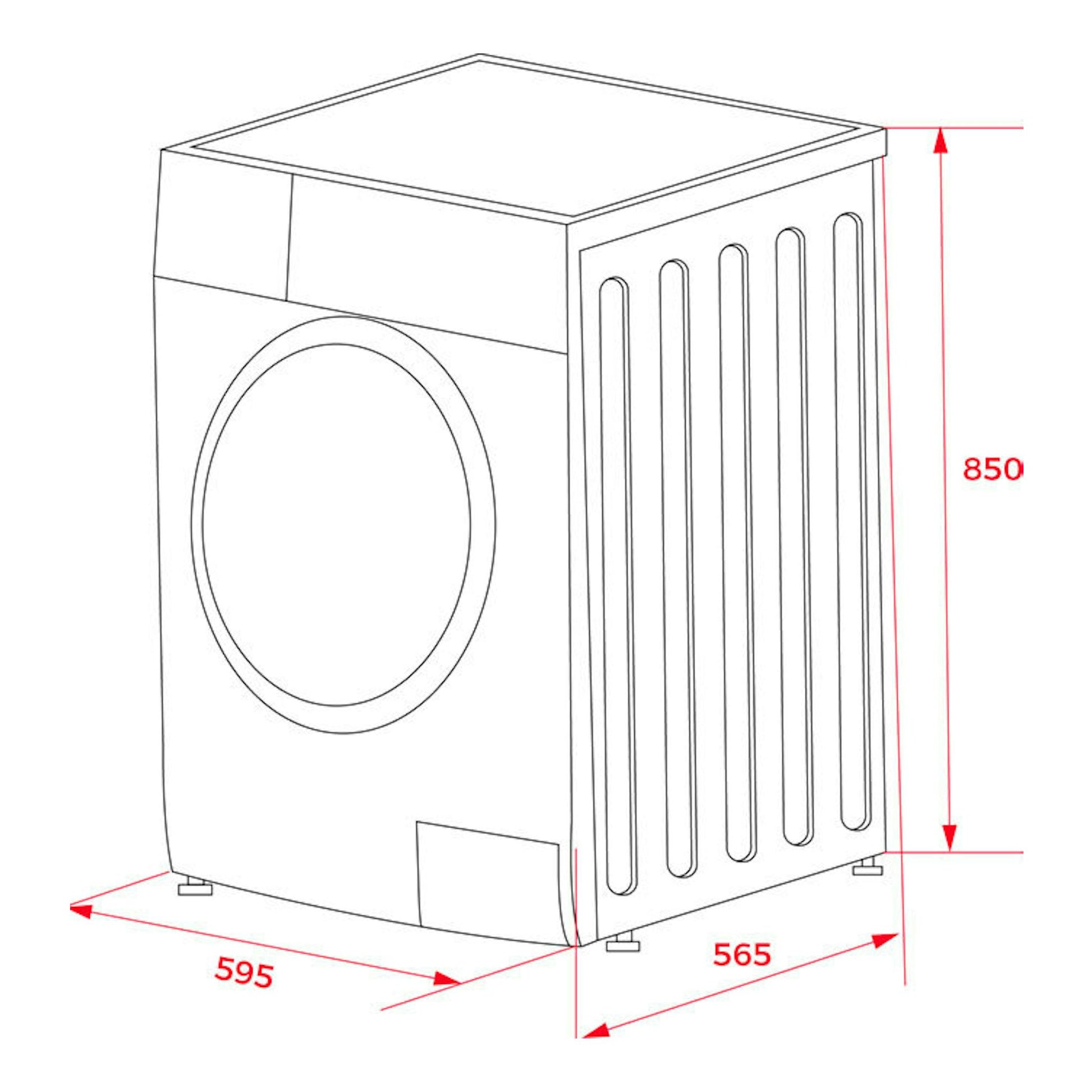Dibujo técnico de lavadora Teka WMK 81050 en vista frontal izquierda, con medidas 595 x 565 x 850 mm.