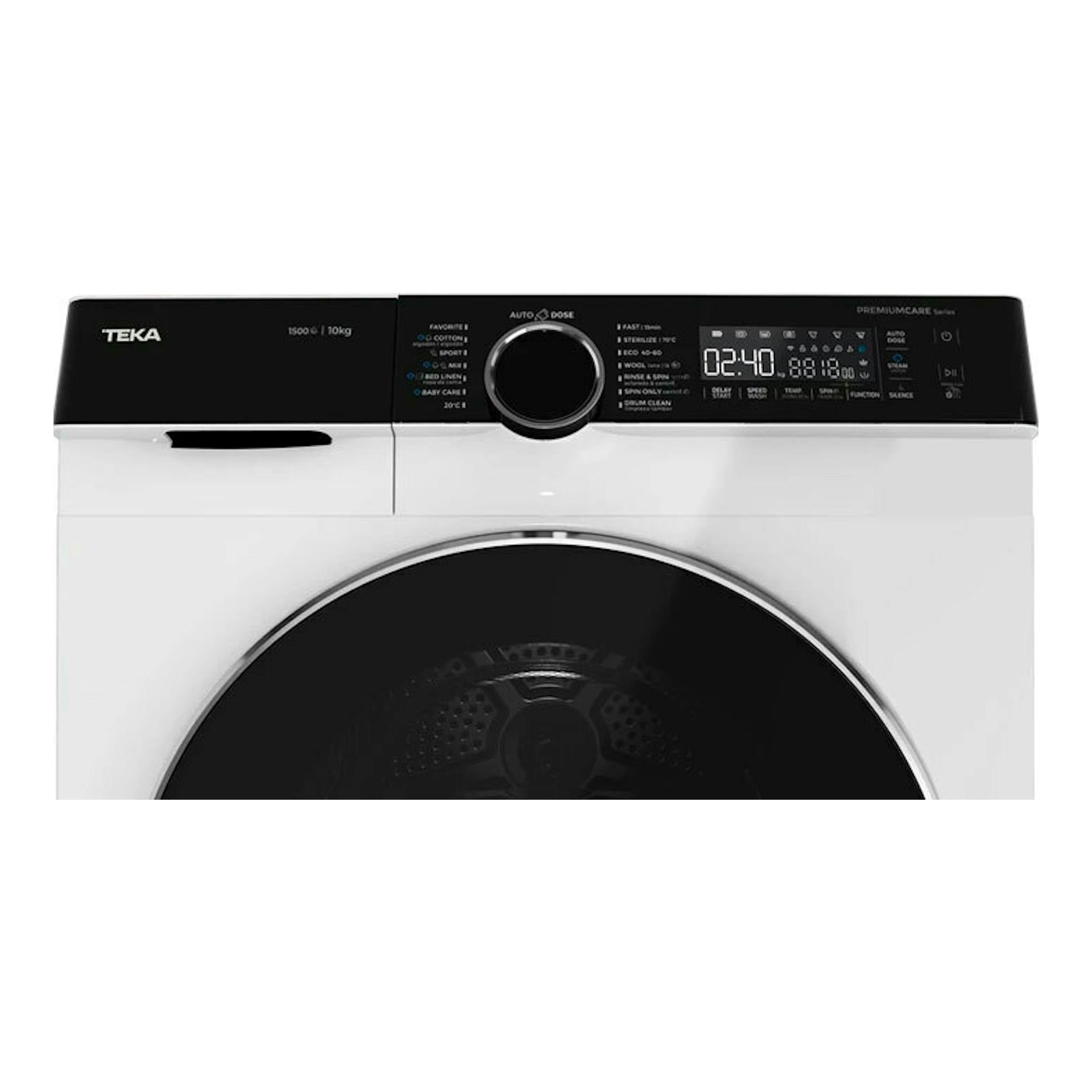 Lavadora Teka WMK 81050 blanca, vista frontal, con panel negro y puerta circular oscura.