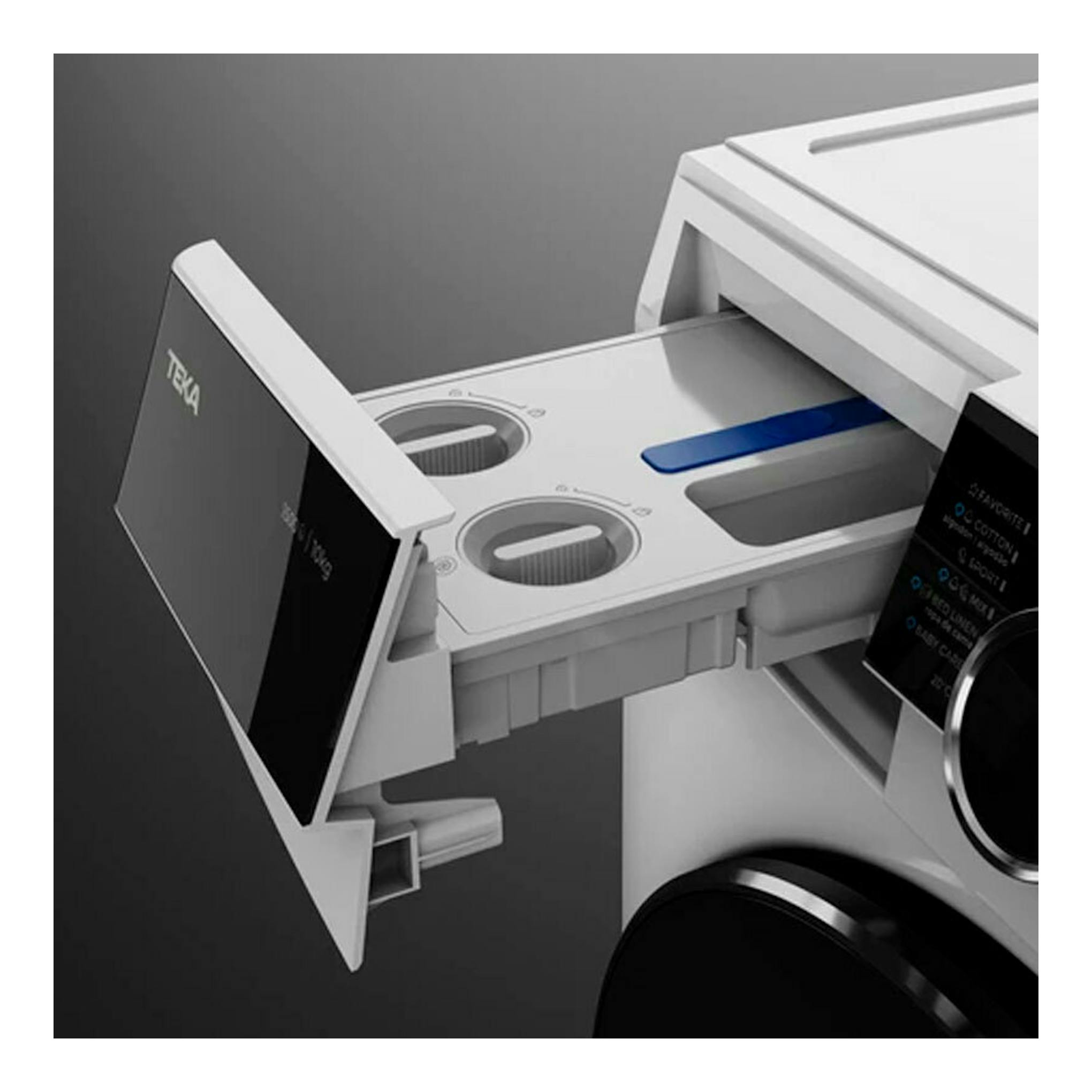 Lavadora Teka WMK 81050 blanca, vista frontal parcial, con cajón de detergente abierto.