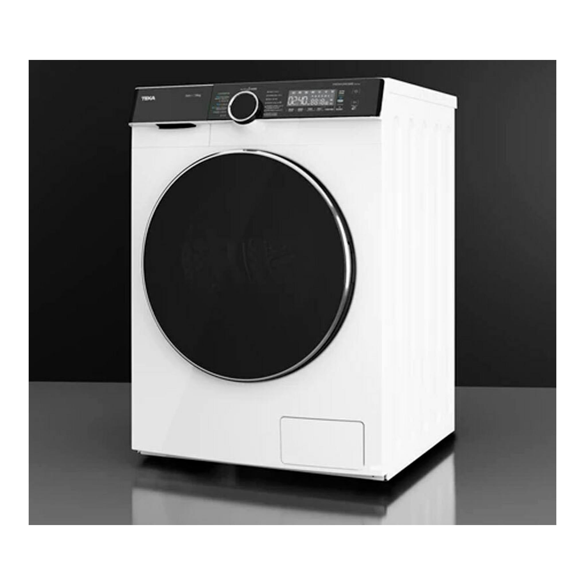 Lavadora Teka WMK 81050 blanca, vista frontal, con puerta negra circular y panel superior negro.