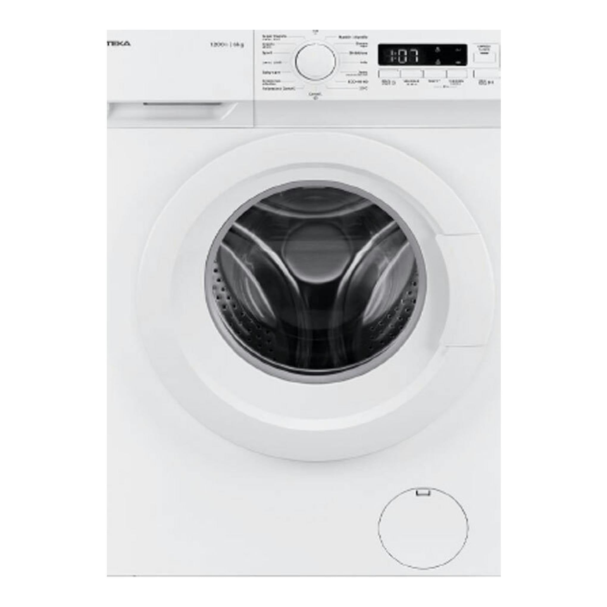 Lavadora frontal Teka WMK10620 blanca, vista frontal, con puerta circular y panel digital superior.
