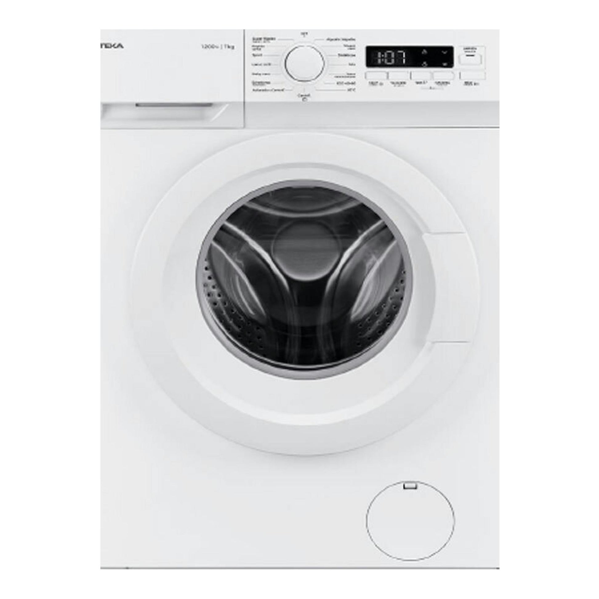 Lavadora frontal Teka WMK40740 blanca, vista frontal, con puerta circular y panel digital superior.