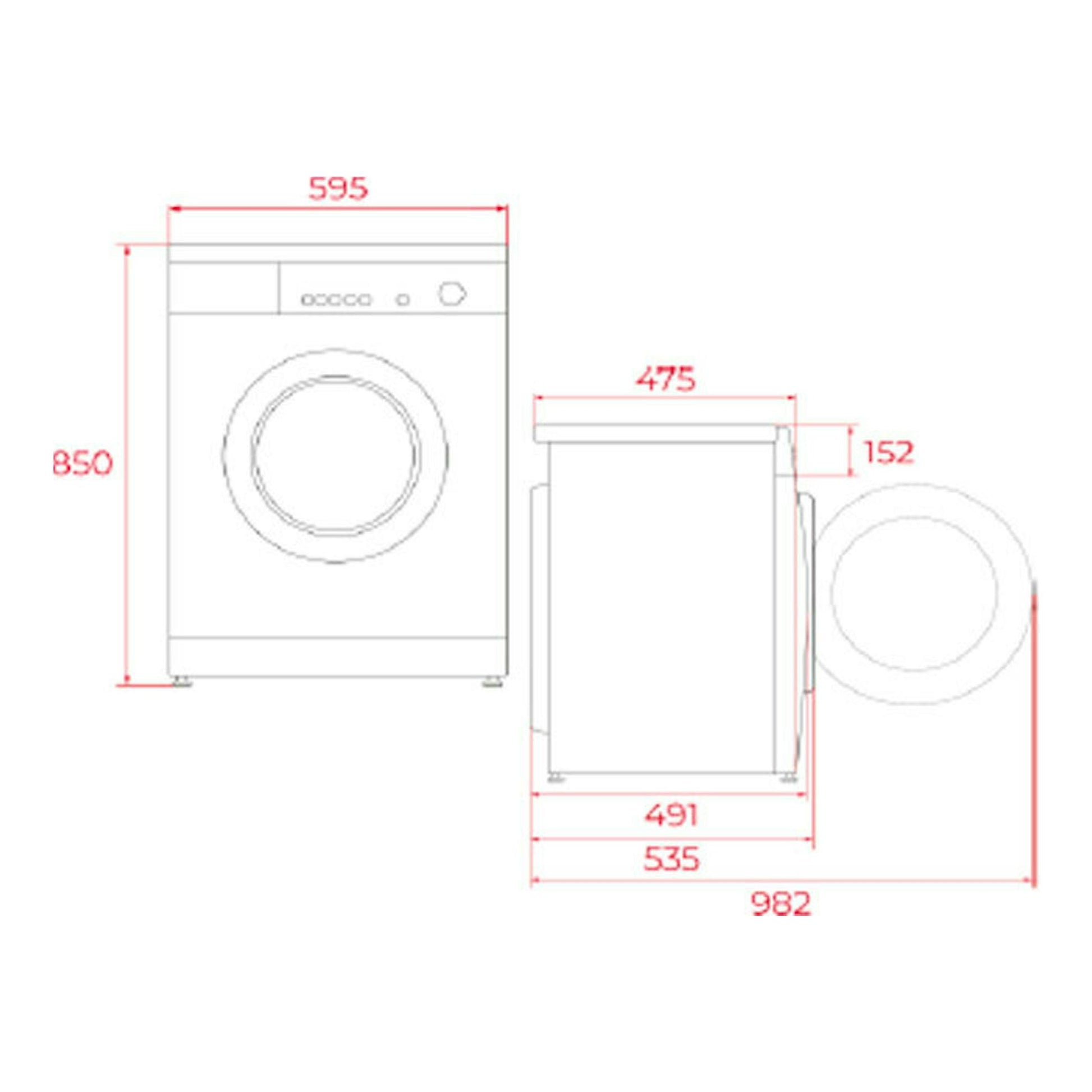 Lavadora Teka WMK40840, vista frontal y lateral en plano técnico con medidas 595 x 850 x 475 mm.