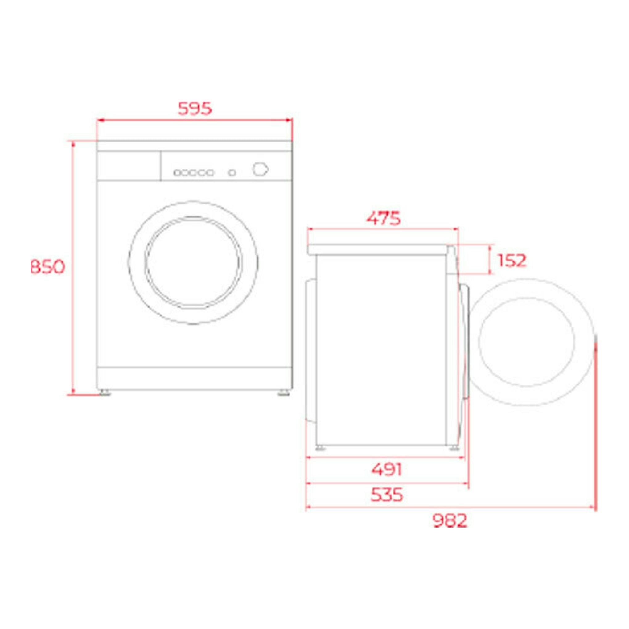 Lavadora Teka WMK40840, vista frontal y lateral en plano técnico con medidas 595 x 850 x 475 mm.