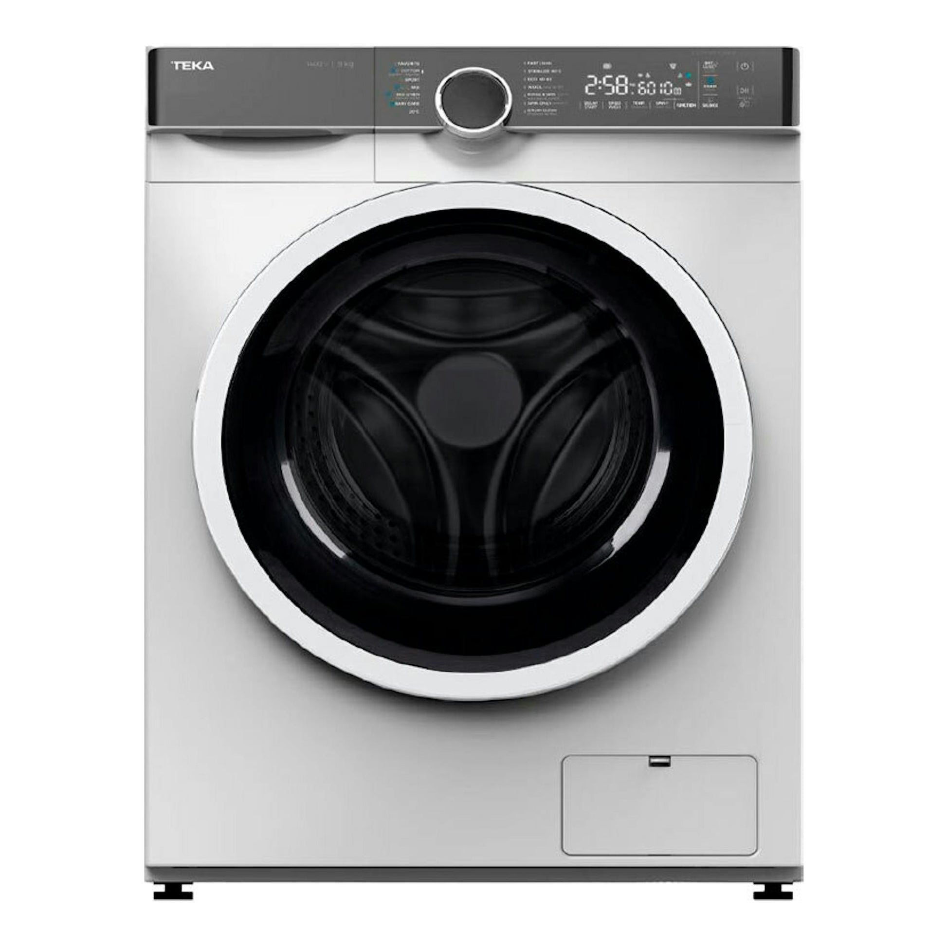 Teka WMK70940, lavadora frontal plateada con puerta circular negra y panel digital superior.