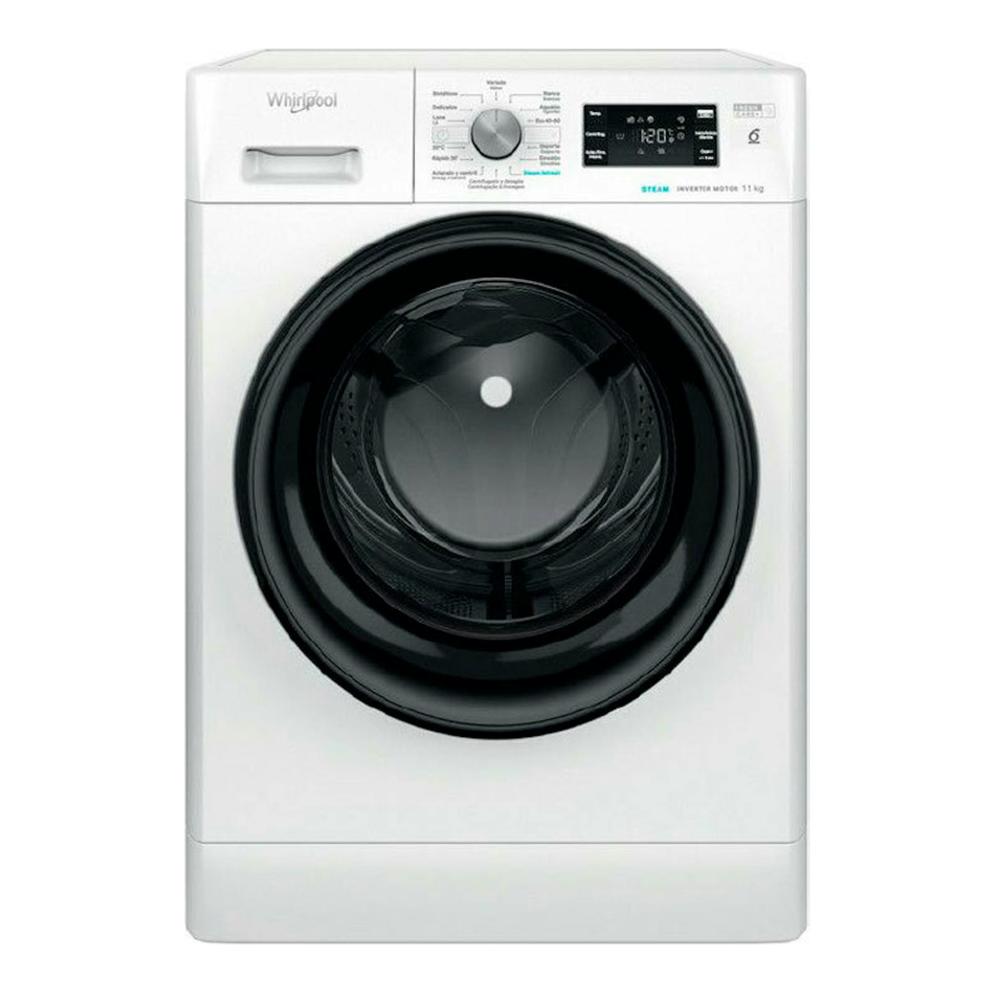 Lavadora Whirlpool FFB 11469 BV SPT blanca, vista frontal, con puerta negra y panel digital superior.