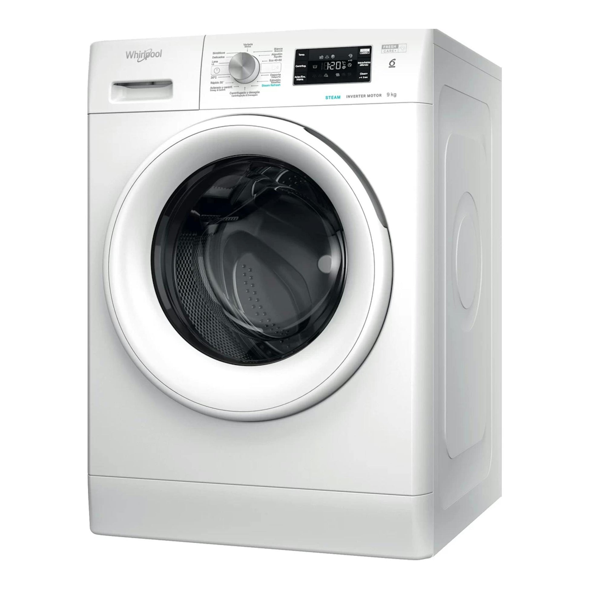Lavadora frontal Whirlpool FFB 9469 WV SPT blanca, vista frontal en tres cuartos, con puerta circular y panel digital.