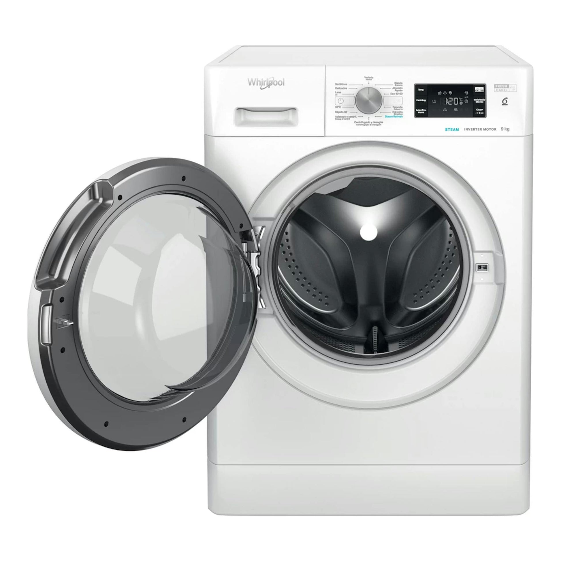 Lavadora Whirlpool FFB 9469 WV SPT blanca, vista frontal, con la puerta abierta.