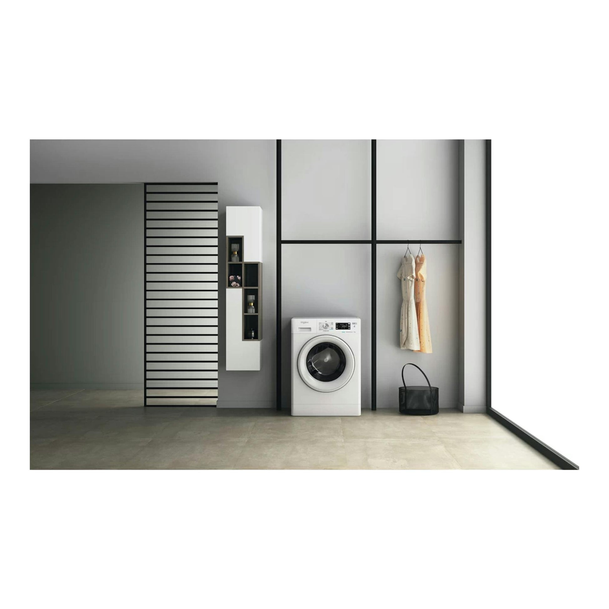 Lavadora Whirlpool FFB 9469 WV SPT blanca, vista frontal, en una estancia moderna.