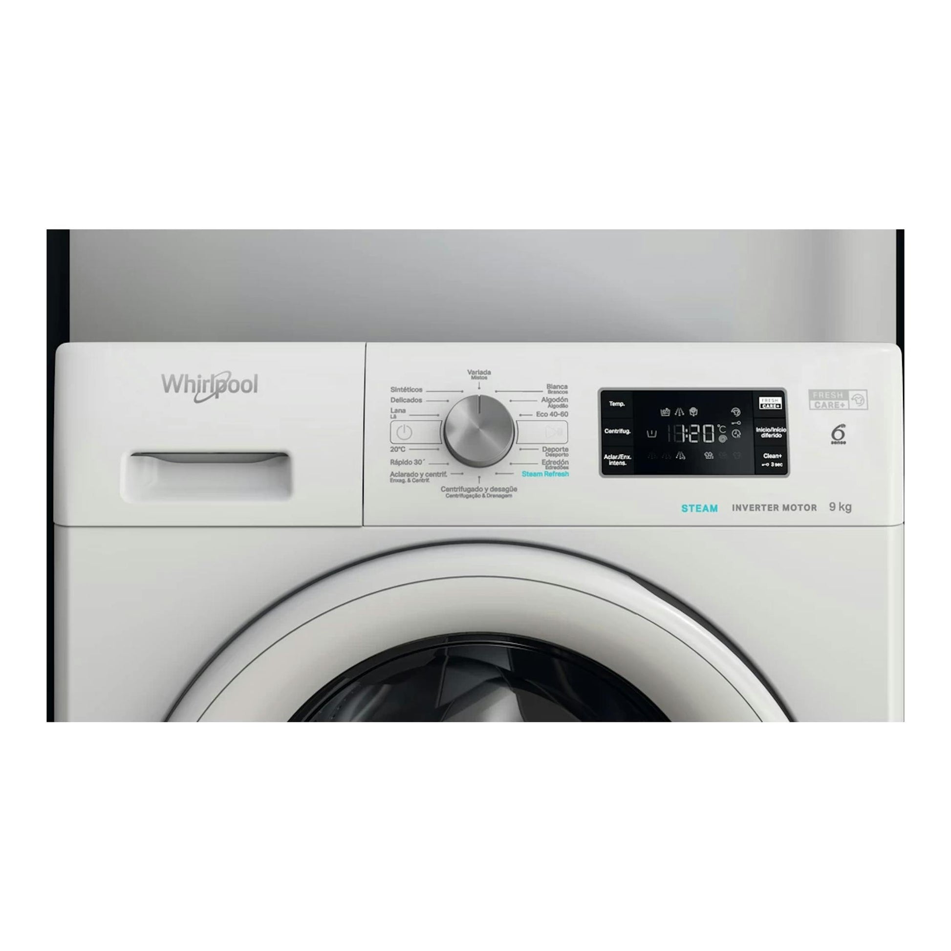 Lavadora Whirlpool FFB 9469 WV SPT blanca, vista frontal parcial con panel digital y selector.