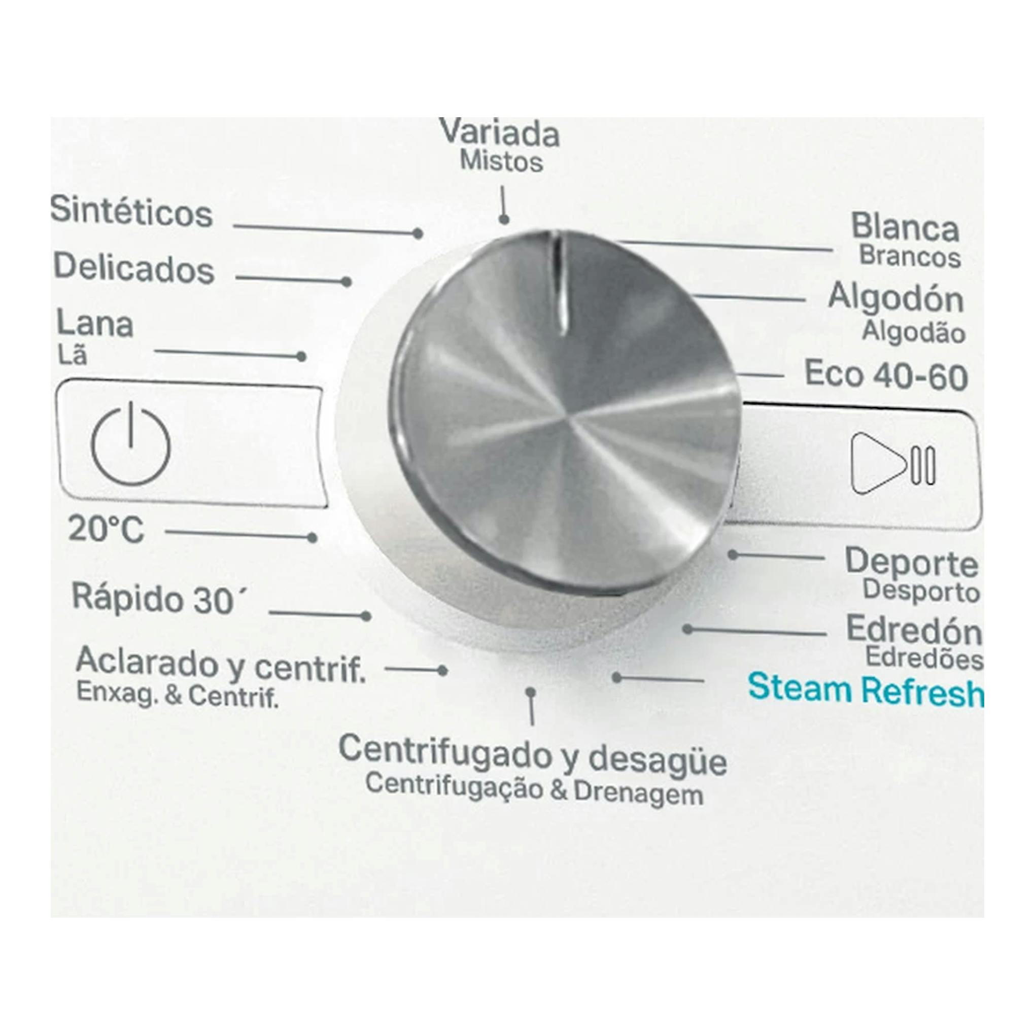 Panel de lavadora Whirlpool FFB 9469 WV SPT, con selector circular gris y programas de lavado alrededor.