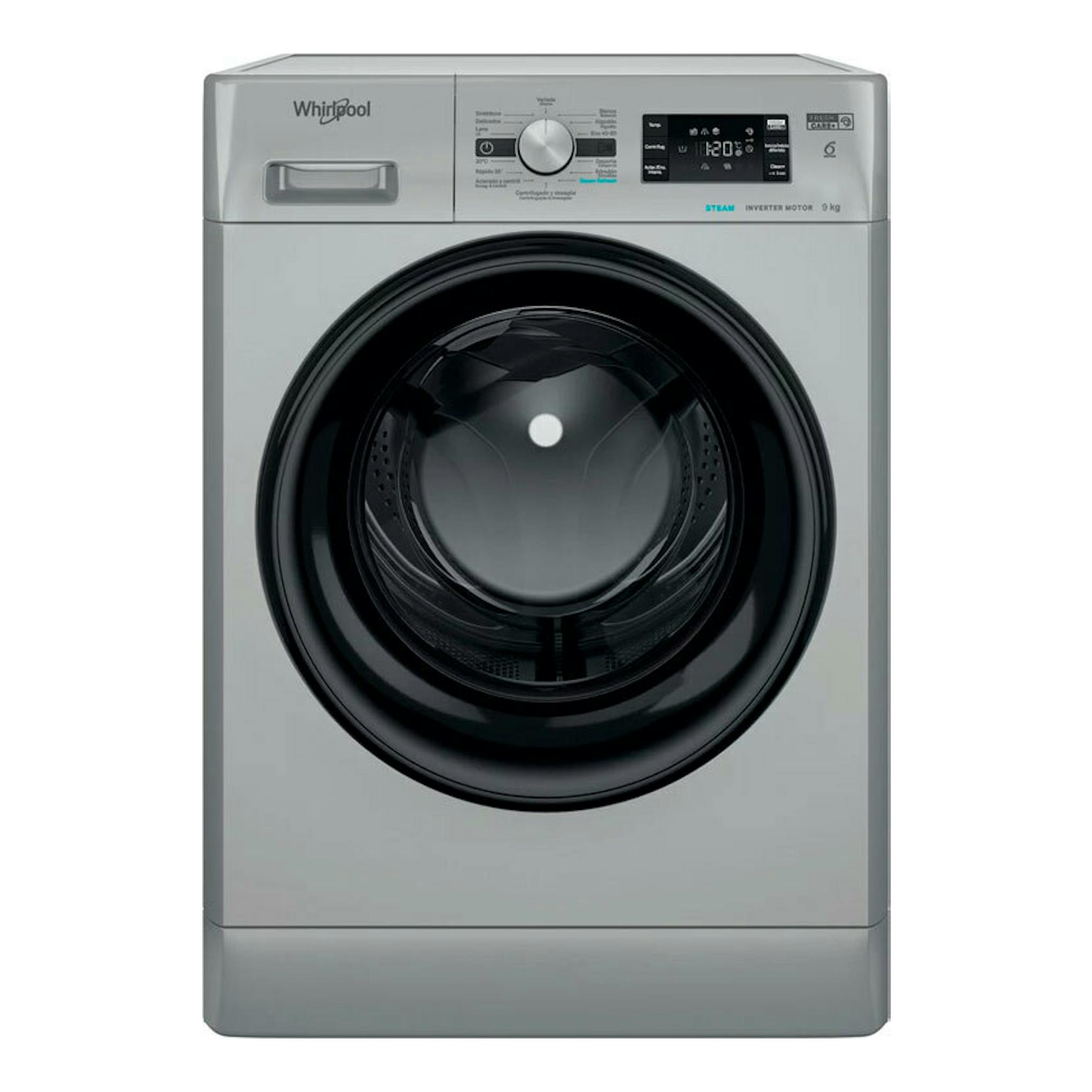 Lavadora Whirlpool FFB 9489 SBV SPT de carga frontal, color gris, vista frontal con puerta negra.