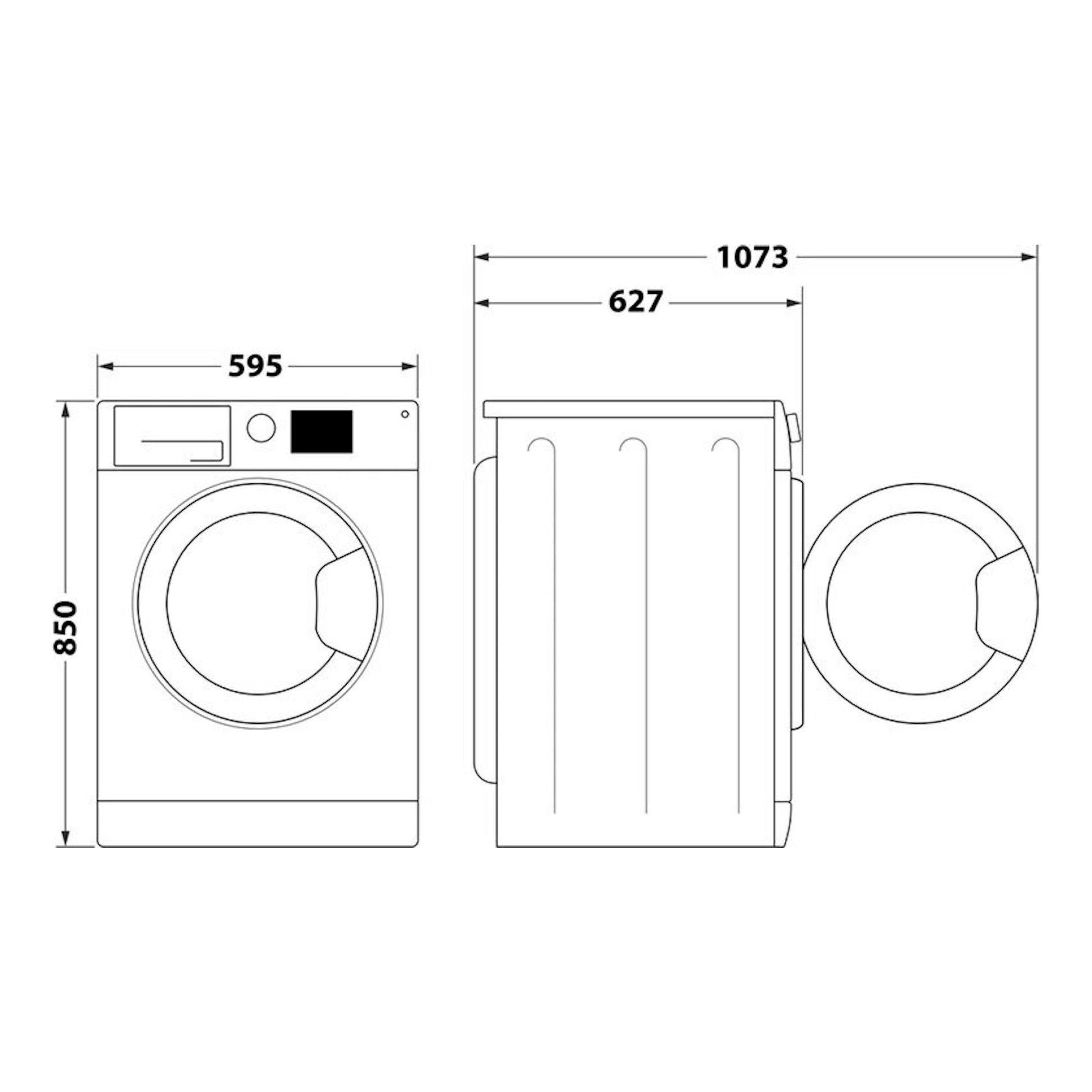 Lavadora Whirlpool FFB 9489 SBV SPT, vista frontal y lateral, puerta abierta, medidas 595, 850 y 1073 mm.