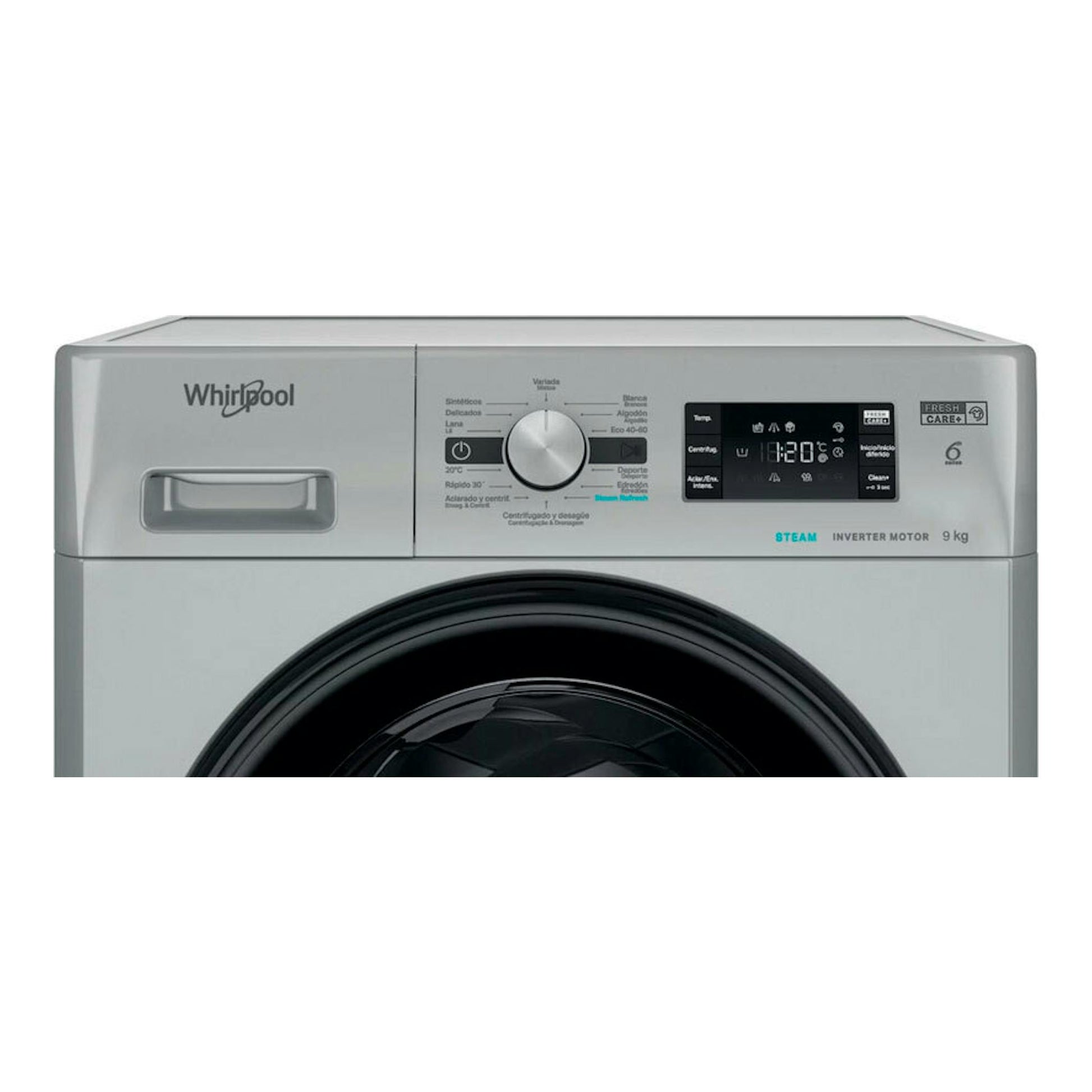 Lavadora Whirlpool FFB 9489 SBV SPT de carga frontal, color gris, vista frontal, con panel digital y 9 kg.