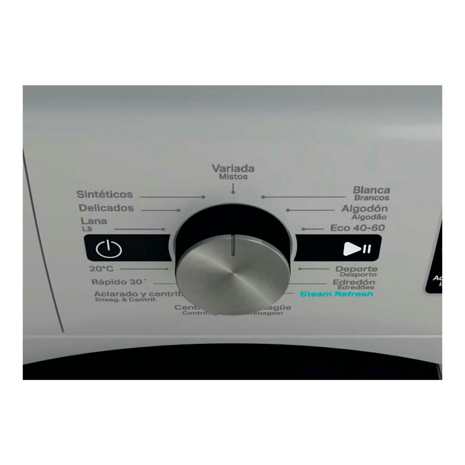Primer plano del panel frontal de una lavadora Whirlpool FFB 9489 SBV SPT blanca, con selector central.