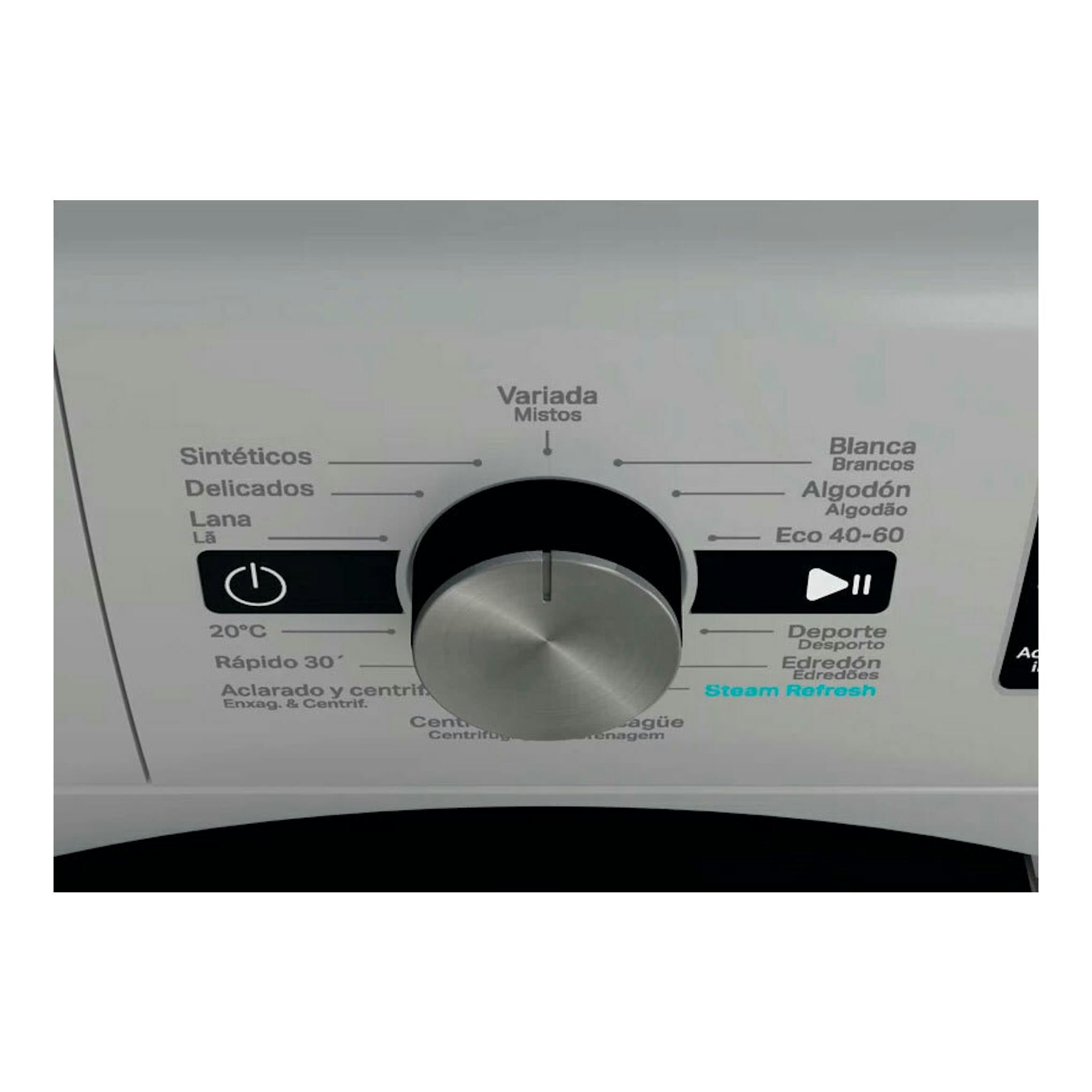 Primer plano del panel frontal de una lavadora Whirlpool FFB 9489 SBV SPT blanca, con selector central.